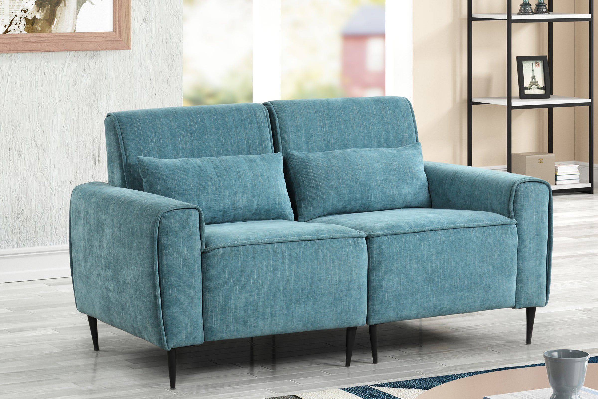 The appearance of Valentina 62 Inch Chenille Loveseat with Metal Legs and Throw Pillows In Blue designed by Lilola Home in the modern / contemporary interior design. This blue piece of furniture  was selected by 1StopBedrooms from Valentina Collection to add a touch of cosiness and style into your home. Sku: 89118-L1;89118-L2;89118-L3. Material: Wood.