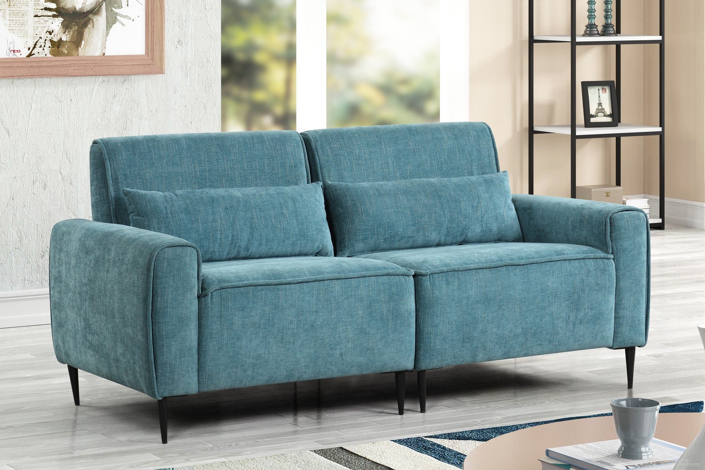 The appearance of Valentina 74 Inch Chenille Sofa with Metal Legs and Throw Pillows In Blue designed by Lilola Home in the modern / contemporary interior design. This blue piece of furniture was selected by 1StopBedrooms from Valentina Collection to add a touch of cosiness and style into your home. Sku: 89118-S1;89118-S2;89118-S3. Material: Wood.