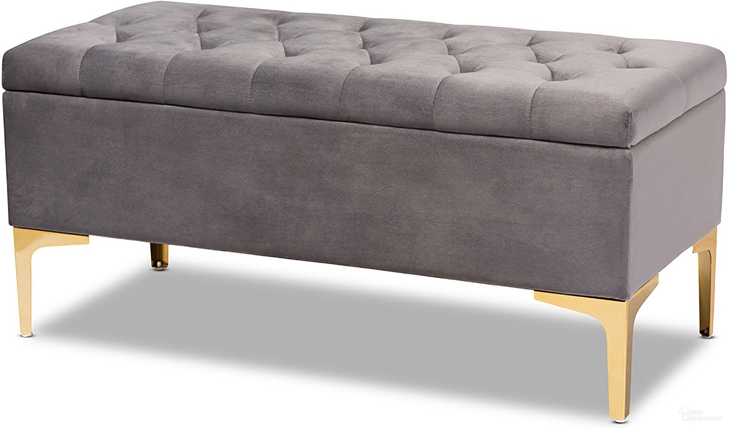 The appearance of Valere Glam And Luxe Grey Velvet Fabric Upholstered Gold Finished Button Tufted Storage Ottoman designed by Baxton Studio in the transitional interior design. This grey piece of furniture was selected by 1StopBedrooms from Valere Collection to add a touch of cosiness and style into your home. Sku: WS-H68-GD-Grey Velvet/Gold-Otto. Material: Velvet.