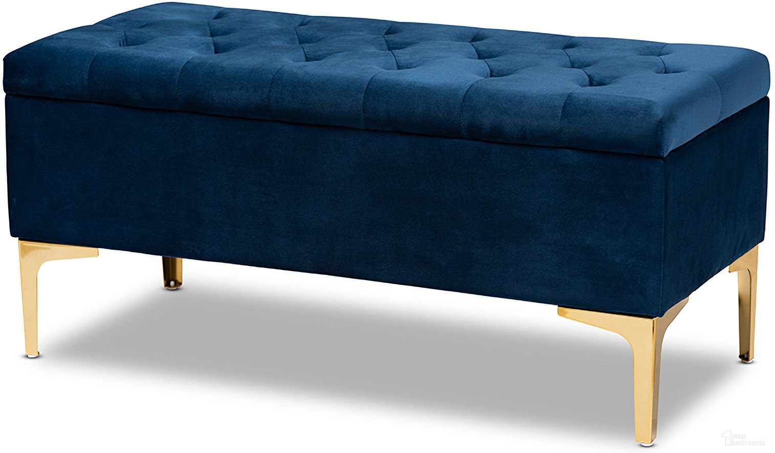 The appearance of Valere Glam And Luxe Navy Blue Velvet Fabric Upholstered Gold Finished Button Tufted Storage Ottoman designed by Baxton Studio in the transitional interior design. This navy blue piece of furniture was selected by 1StopBedrooms from Valere Collection to add a touch of cosiness and style into your home. Sku: WS-H68-GD-Navy Blue Velvet/Gold-Otto. Material: Velvet.
