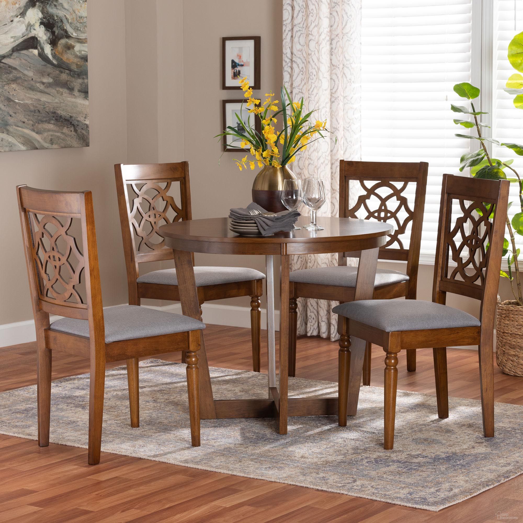 The appearance of Valerie Wood 5-Piece Dining Set In Grey and Walnut Brown designed by Baxton Studio in the modern / contemporary interior design. This grey/walnut brown piece of furniture was selected by 1StopBedrooms from Valerie Collection to add a touch of cosiness and style into your home. Sku: Ferne-Grey/Walnut-5PC Dining Set. Table Base Style: Trestle. Table Top Shape: Round. Material: Rubberwood. Size: 35".