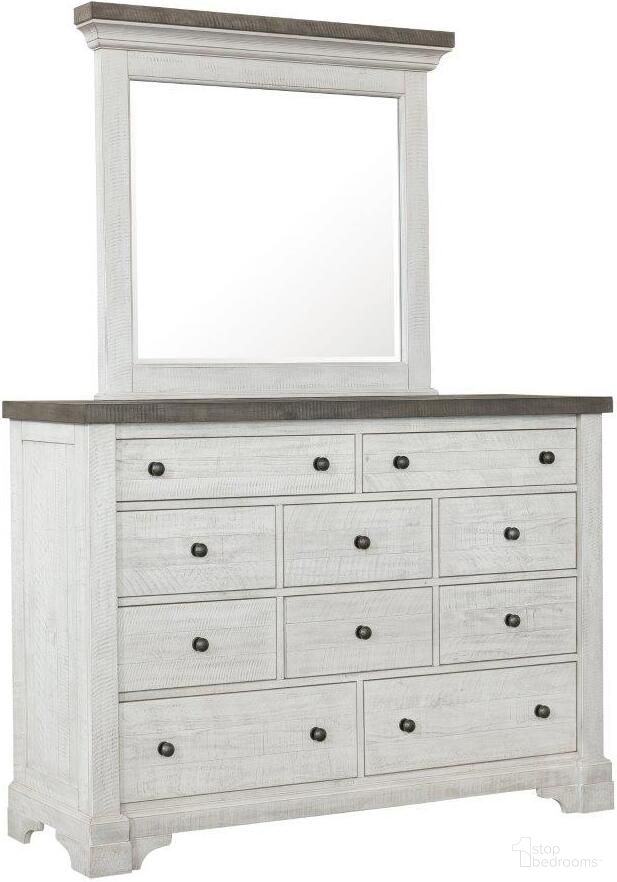 The appearance of Valley Ridge 10 Drawer Dresser And Mirror In White designed by Pulaski in the country / farmhouse interior design. This white piece of furniture was selected by 1StopBedrooms from Valley Collection to add a touch of cosiness and style into your home. Sku: S786-010;S786-030. Material: Solid Pine.