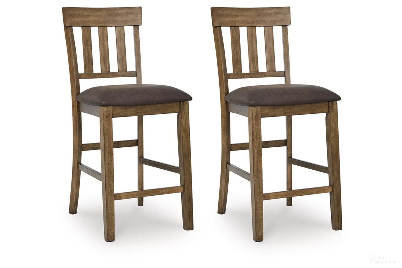 The appearance of Vallister Counter Height Barstool Set of 2 In Light Brown designed by Signature Design by Ashley in the transitional interior design. This light brown piece of furniture was selected by 1StopBedrooms from Vallister Collection to add a touch of cosiness and style into your home. Sku: NCD592-124. Material: Leather Match.