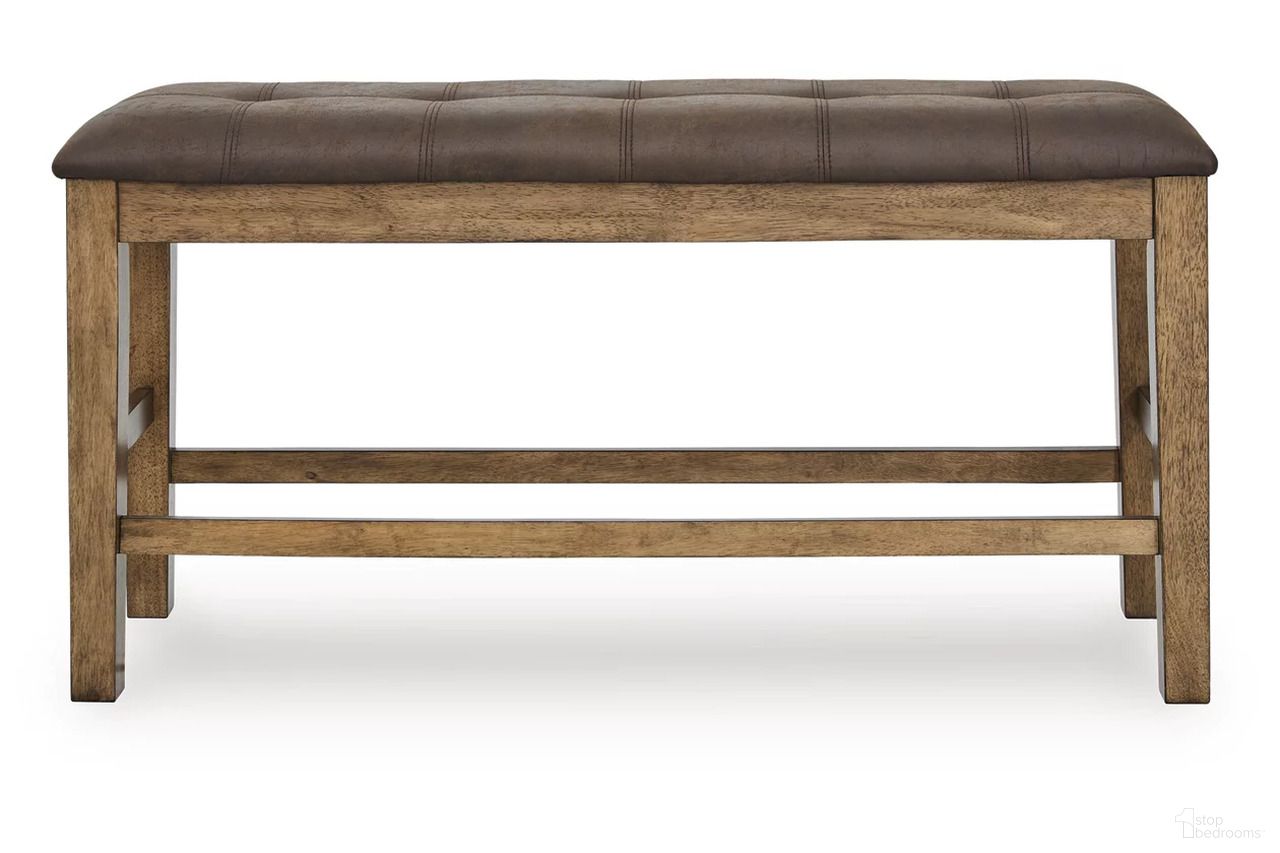 The appearance of Vallister Counter Height Dining Bench In Light Brown designed by Signature Design by Ashley in the transitional interior design. This light brown piece of furniture was selected by 1StopBedrooms from Vallister Collection to add a touch of cosiness and style into your home. Sku: NCD592-09. Material: Leather Match.