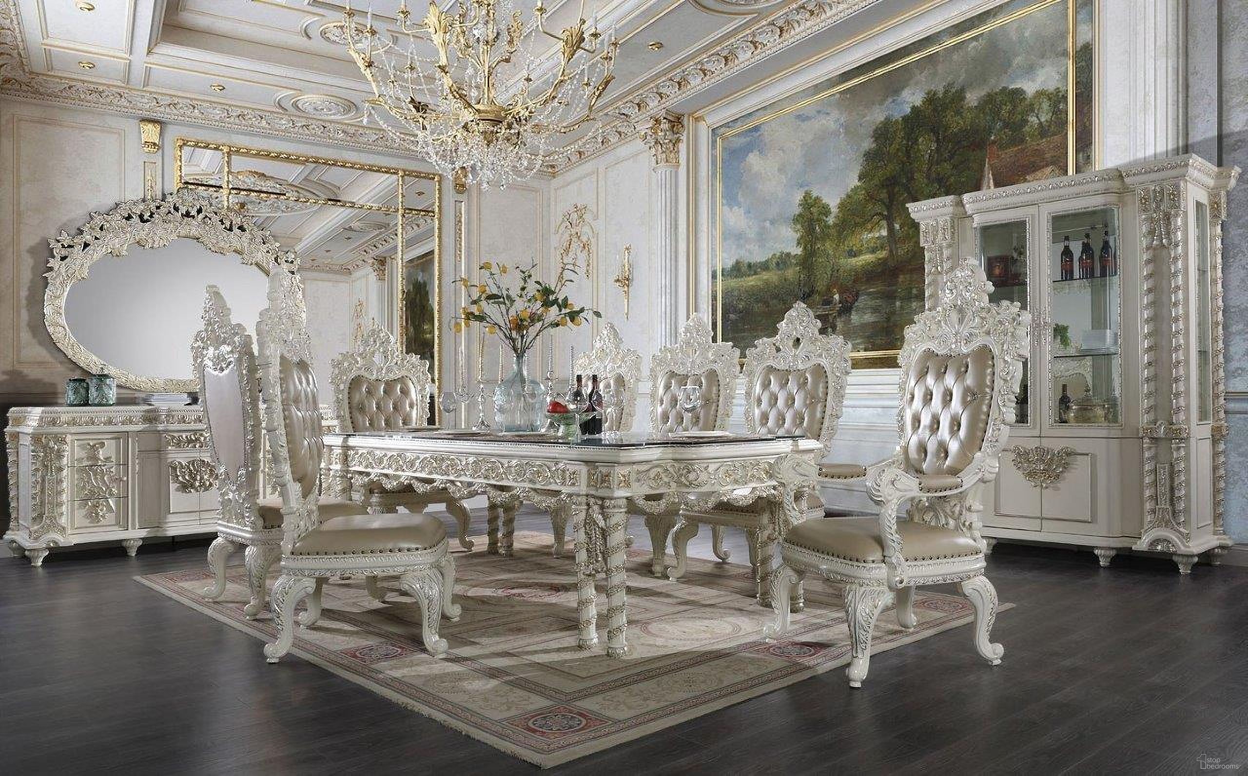 The appearance of Vanaheim Dining Room Set designed by ACME in the transitional interior design. This antique white piece of furniture was selected by 1StopBedrooms from Vanaheim Collection to add a touch of cosiness and style into your home. Sku: DN00678-1;DN00678-2;DN00679. Table Base Style: Legs. Material: Wood. Table Top Shape: Rectangular. Size: 48" x 108".