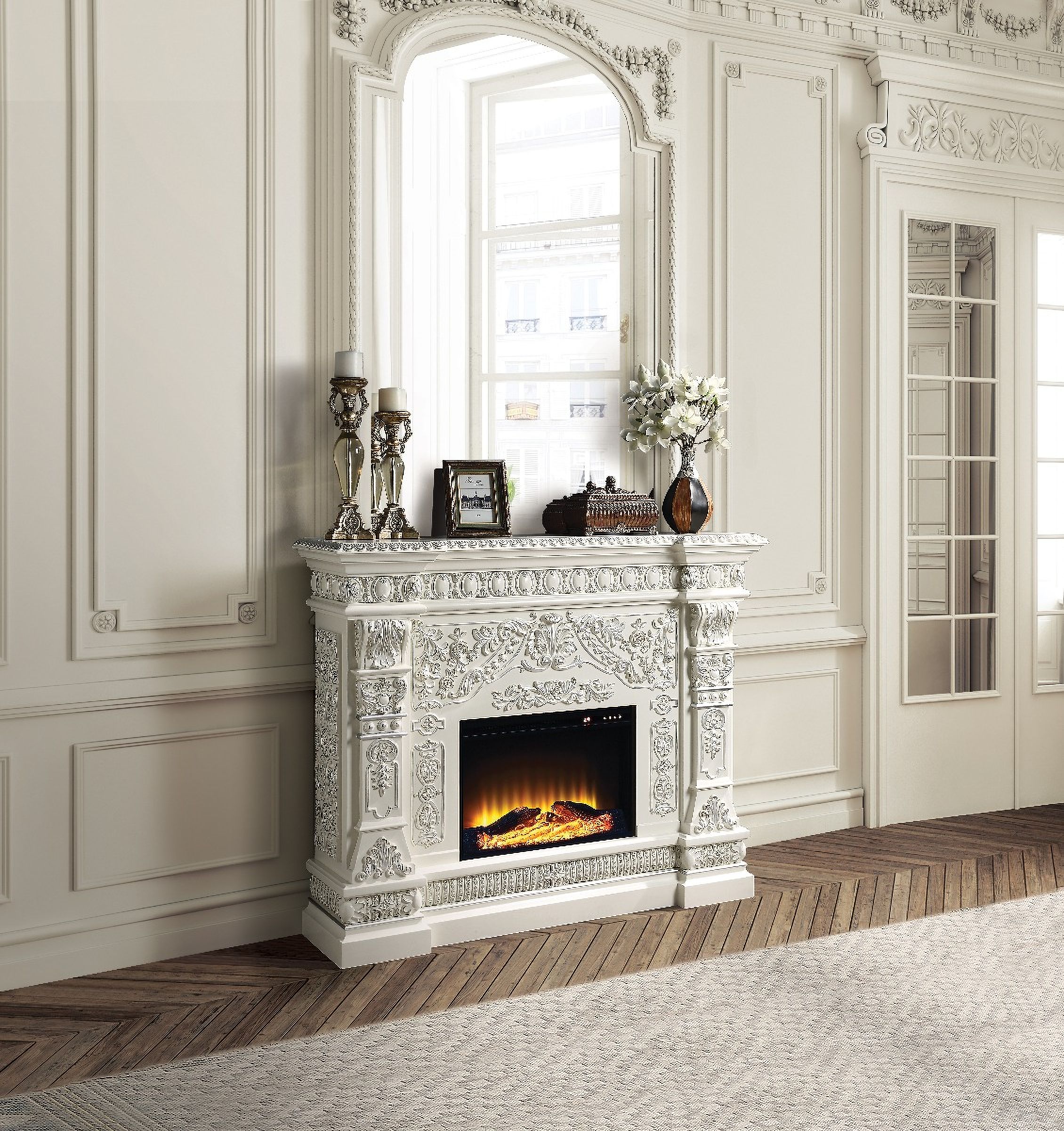 The appearance of Vanaheim Fireplace In Antique White designed by ACME in the transitional interior design. This antique white piece of furniture was selected by 1StopBedrooms from Vanaheim Collection to add a touch of cosiness and style into your home. Sku: AC01617. Material: Wood.