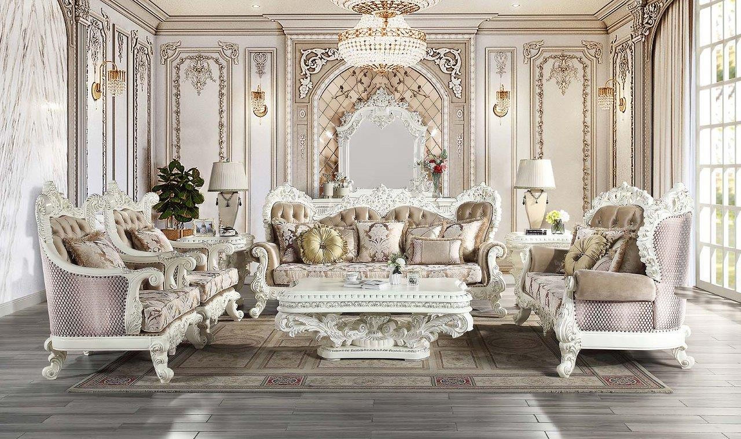 The appearance of Vanaheim Living Room Set In Antique White designed by ACME in the transitional interior design. This antique white piece of furniture was selected by 1StopBedrooms from Vanaheim Collection to add a touch of cosiness and style into your home. Sku: LV00803-1;LV00803-2;LV00804-1;LV00804-2. Material: Wood.