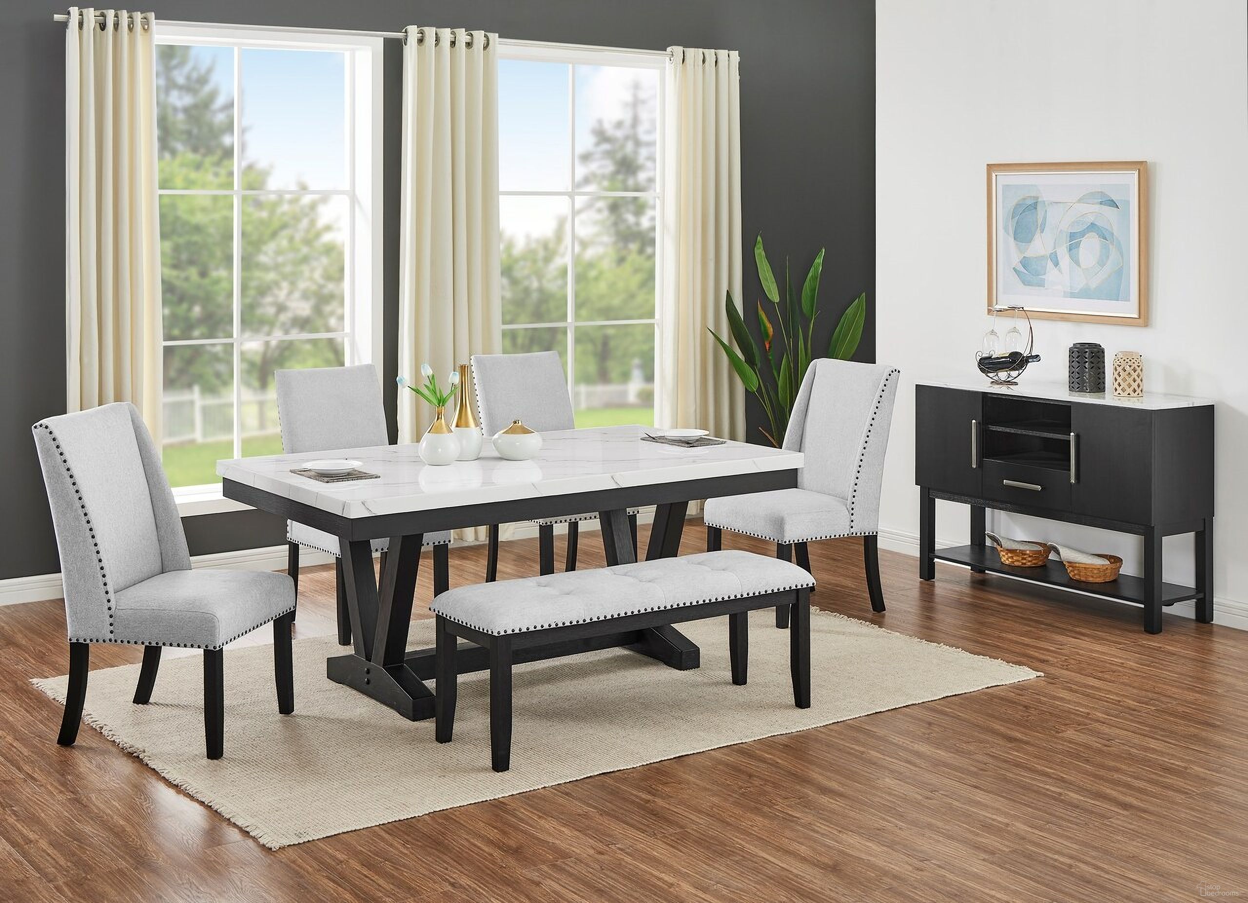 The appearance of Vance Faux Marble Dining Room Set In Charcoal and White designed by Crown Mark in the transitional interior design. This charcoal and white piece of furniture  was selected by 1StopBedrooms from Vance Collection to add a touch of cosiness and style into your home. Sku: 1319T-4272;1319DV-S. Material: MDF. Table Top Shape: Rectangular. Size: 42" x 72".