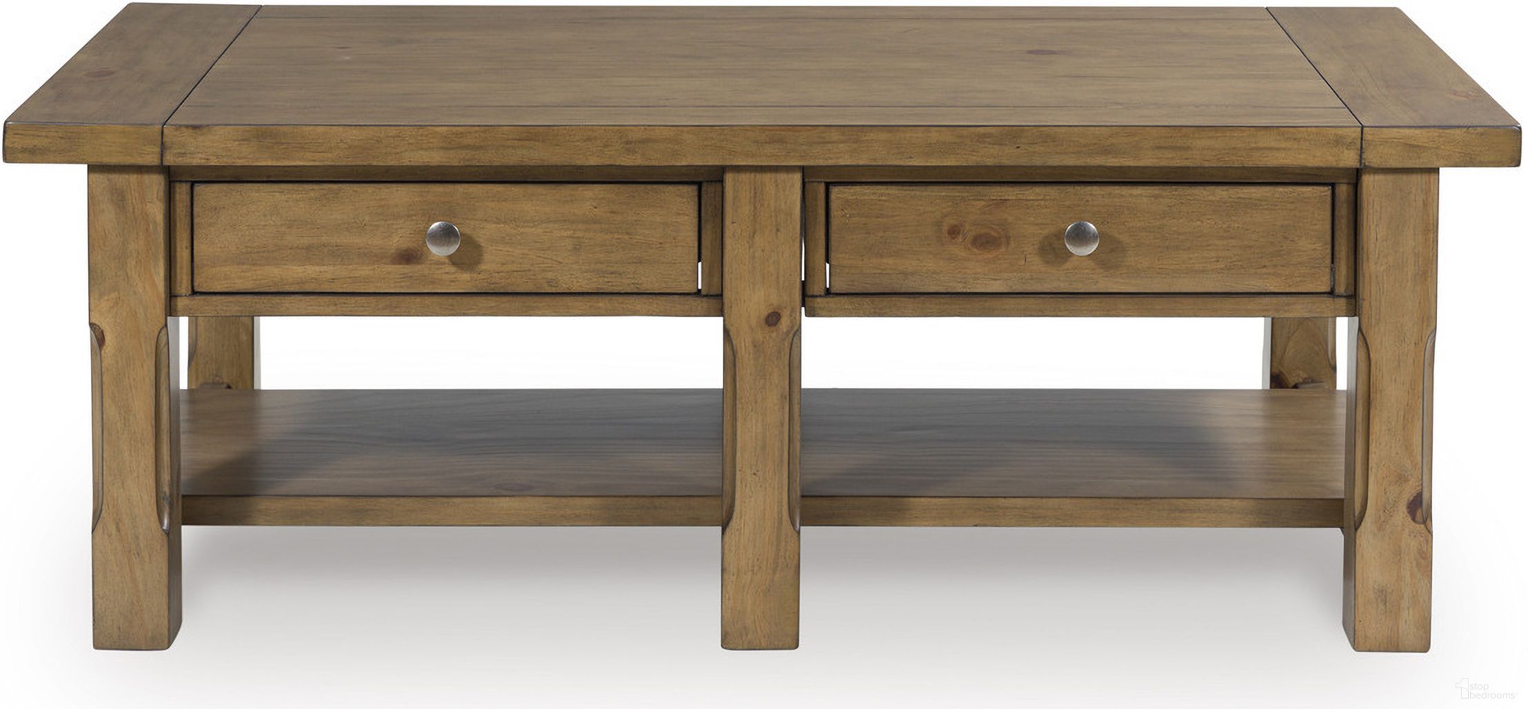 The appearance of Vandenmore Coffee Table In Medium Brown designed by Signature Design by Ashley in the transitional interior design. This medium brown piece of furniture  was selected by 1StopBedrooms from Vandenmore Collection to add a touch of cosiness and style into your home. Sku: T539-1. Material: Wood.