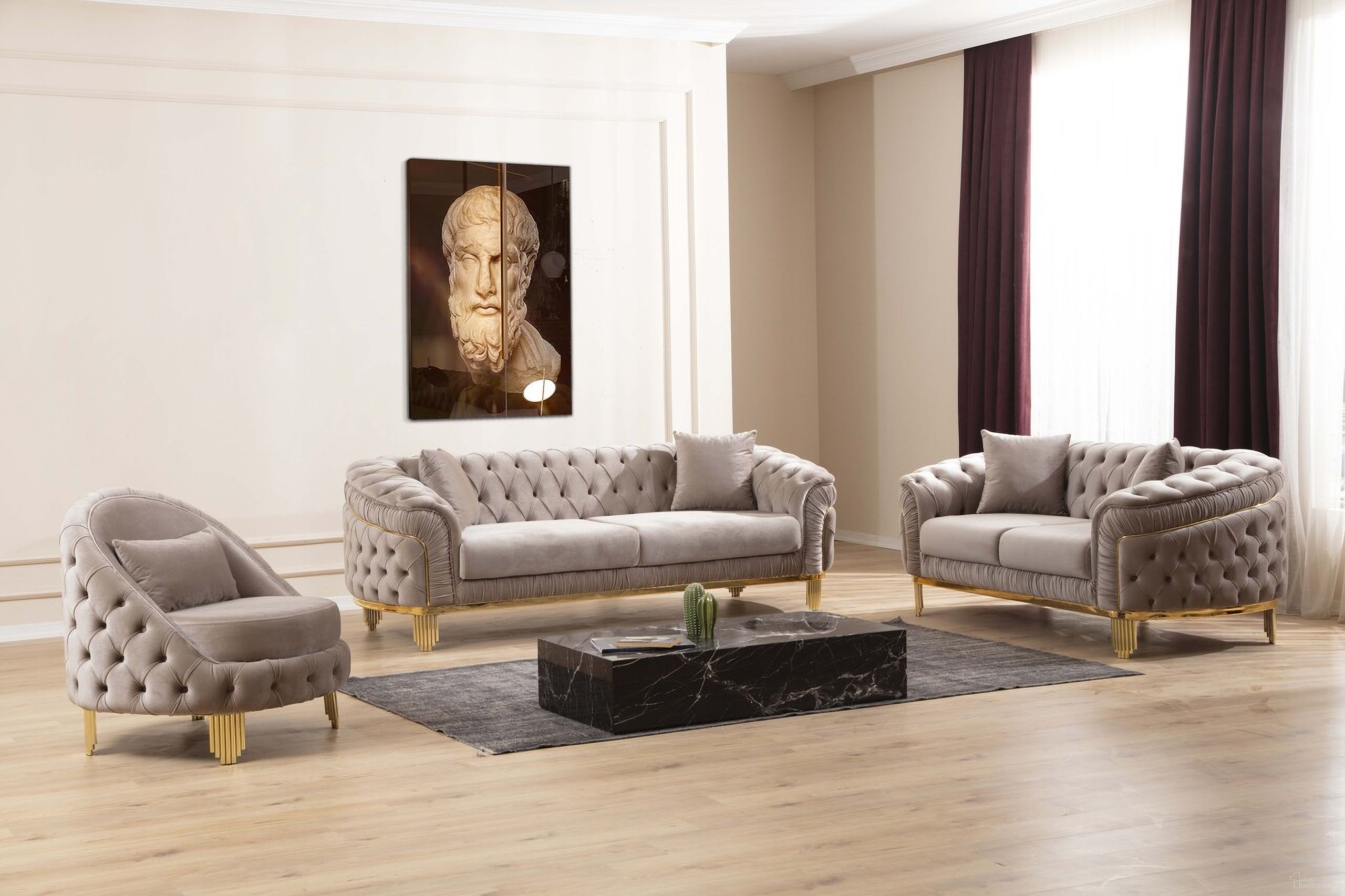 The appearance of Vanessa 3 PC Living Room Set Made with Wood In Taupe designed by Galaxy Home Furnishings in the transitional interior design. This taupe piece of furniture was selected by 1StopBedrooms from Vanessa Collection to add a touch of cosiness and style into your home. Sku: 698781110416;698781233245;698781276105. Material: Wood.