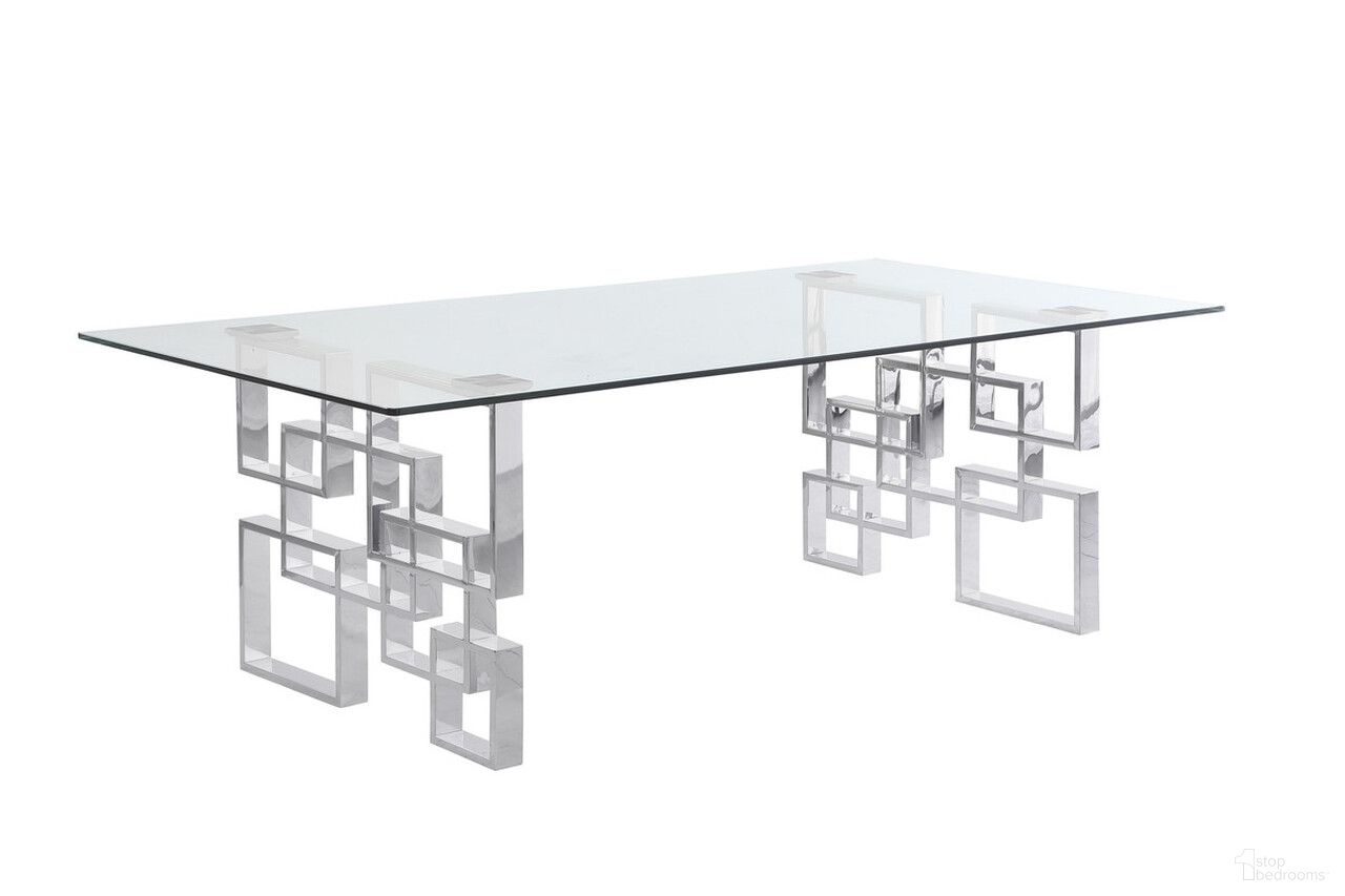 Vanna Big Glass Dining Table In Clear Tempered Glass Top and Silver Stainless Steel