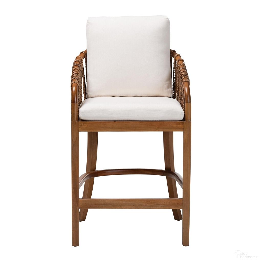 Varen Seagrass and Mahogany Wood Counter Stool In Walnut Brown