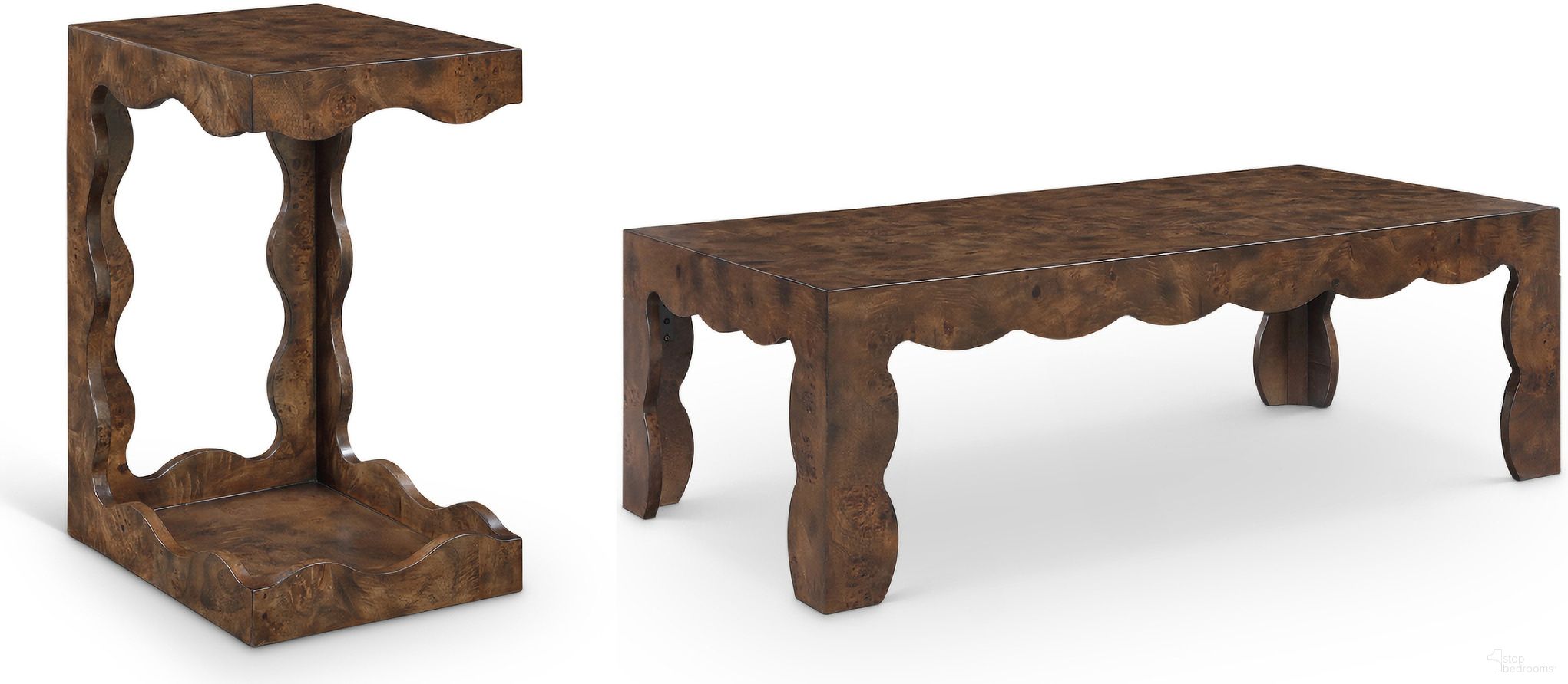 Vassa Burl Veneer Occasional Table Set In Brown and Stained Walnut