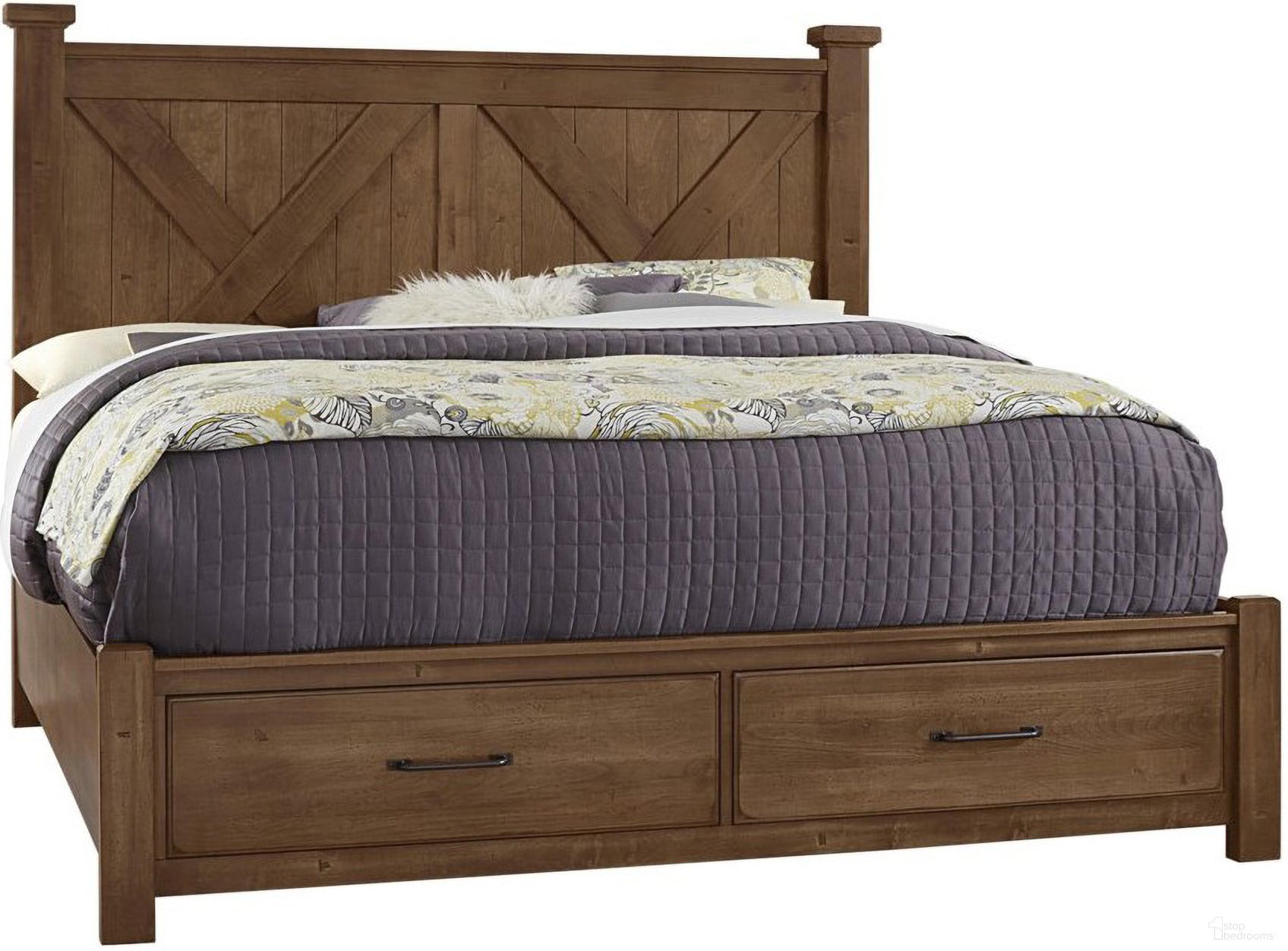 The appearance of Cool Rustic Queen Barndoor X Headboard With Storage Footboard Bed In Amber designed by Artisan & Post in the transitional interior design. This dark brown piece of furniture was selected by 1StopBedrooms from Cool Rustic Collection to add a touch of cosiness and style into your home. Sku: 174-557;174-050B;174-502;AP-555T. Bed Type: Storage Bed. Material: Wood. Bed Size: Queen.