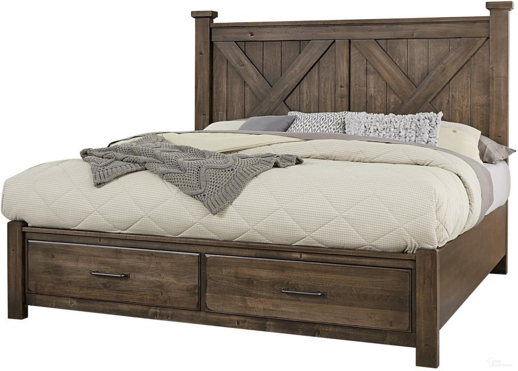 The appearance of Cool Rustic Queen Barndoor X Headboard With Storage Footboard In Mink designed by Artisan & Post in the transitional interior design. This brown piece of furniture was selected by 1StopBedrooms from Cool Rustic Collection to add a touch of cosiness and style into your home. Sku: 170-557;170-050B;170-502;AP-555T. Bed Type: Storage Bed. Material: Wood. Bed Size: Queen.