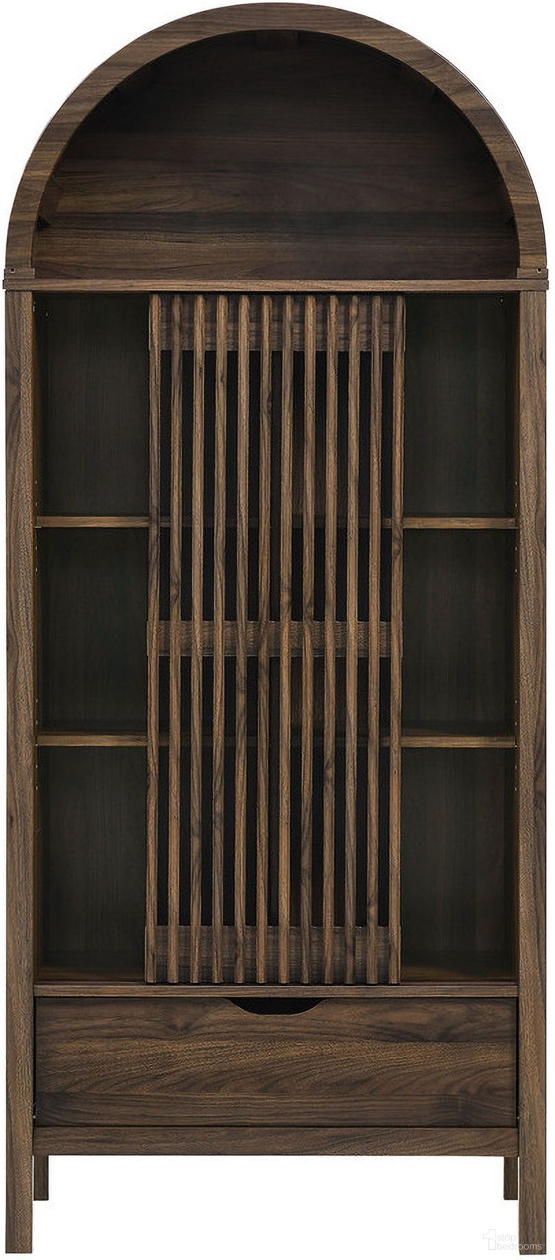 The appearance of Vaughn 71 Inch Arched Storage Display Cabinet In Walnut designed by Modway in the modern / contemporary interior design. This walnut piece of furniture was selected by 1StopBedrooms from Vaughn Collection to add a touch of cosiness and style into your home. Sku: EEI-7167-WAL. Material: Laminate.
