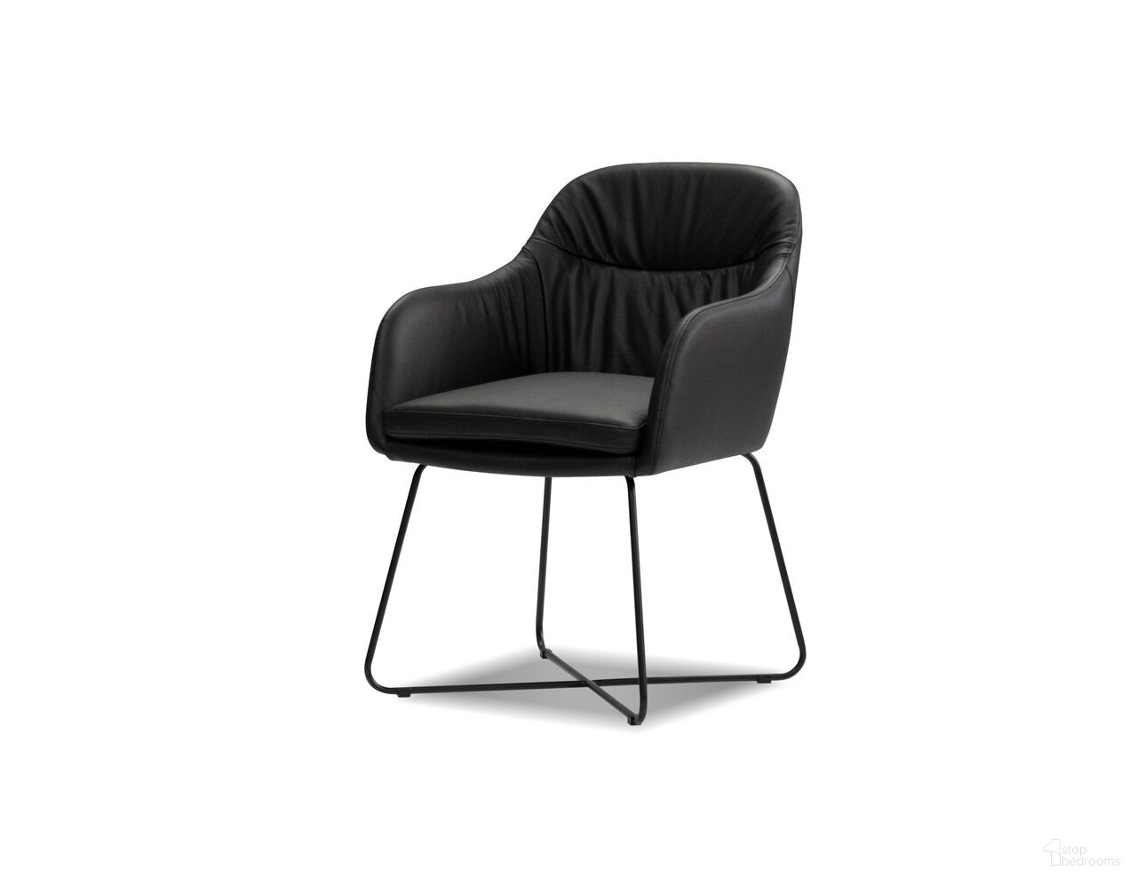The appearance of Vaughn Dining Armchair Black Powder Coated Steel Base In Black designed by Mobital in the interior design. This black piece of furniture was selected by 1StopBedrooms from Vaughn Collection to add a touch of cosiness and style into your home. Sku: LAR-VAUG-BLAC-PCBLA. Material: Foam. Chair Type: Arm Chair.