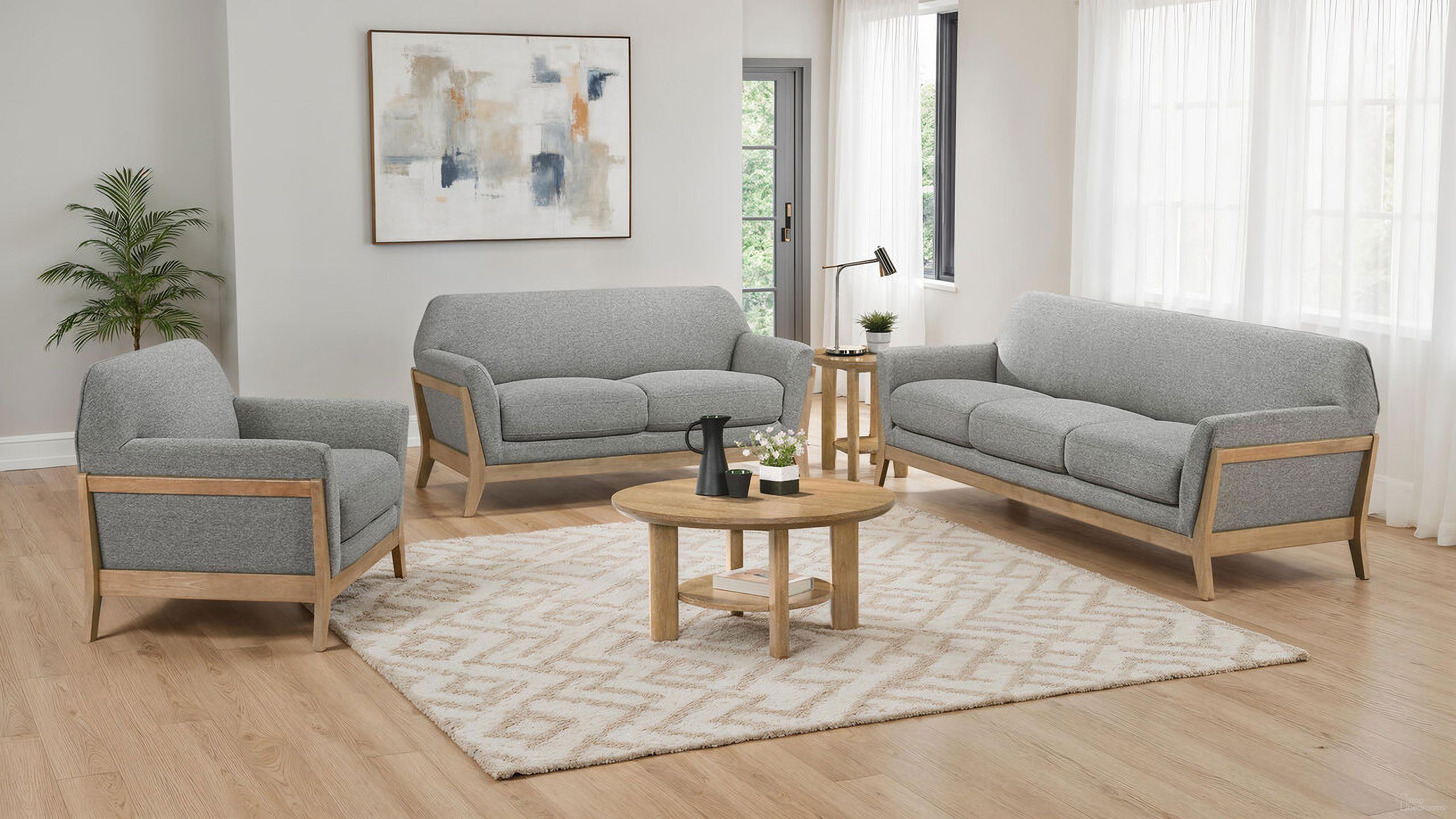 The appearance of Vaughn Fabric Upholstered Flared Arm Living Room Set In Grey designed by Coaster in the transitional interior design. This grey piece of furniture  was selected by 1StopBedrooms from Vaughn Collection to add a touch of cosiness and style into your home. Sku: 511071B1;511071B2;511072B1;511072B2. Material: Fabric.