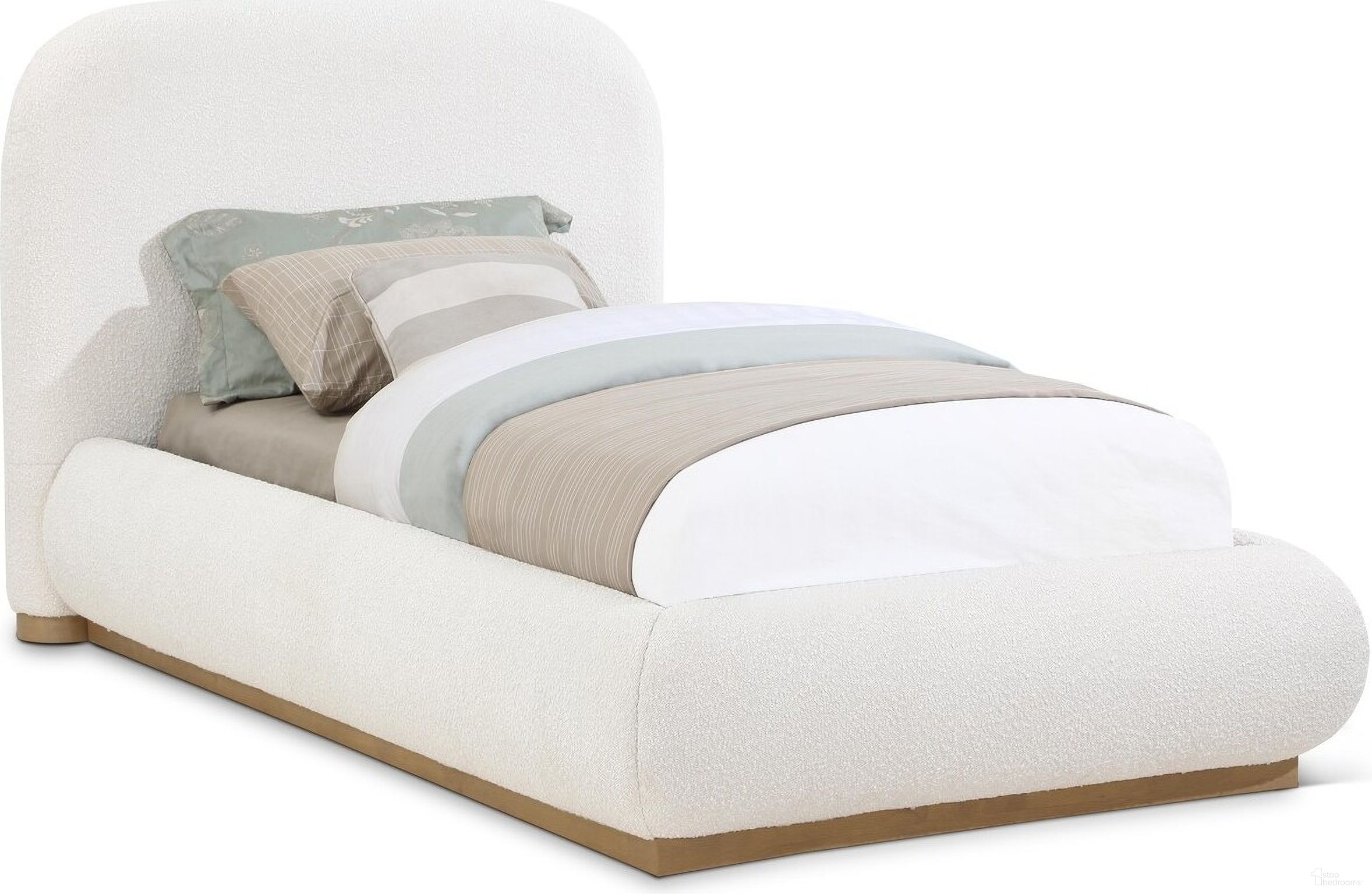 Vaughn Boucle Textured Fabric Twin Bed In Cream and Natural
