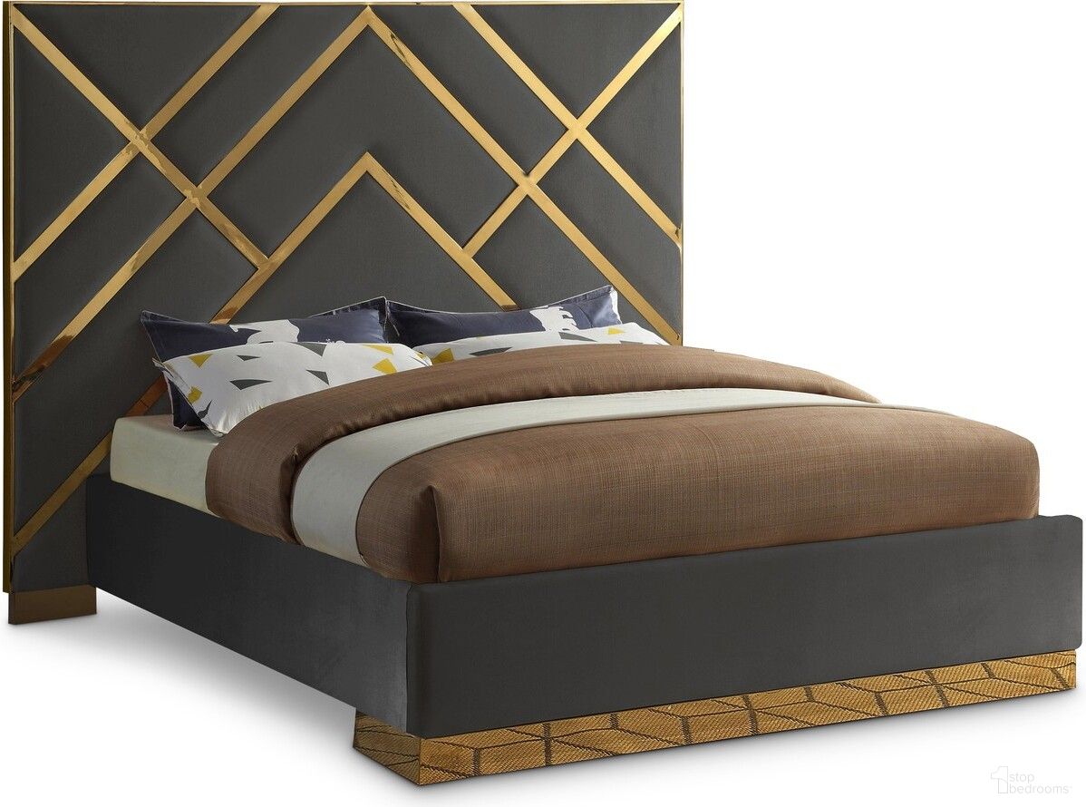 The appearance of Vector Velvet King Bed In Grey designed by Meridian in the modern / contemporary interior design. This grey piece of furniture was selected by 1StopBedrooms from Vector Collection to add a touch of cosiness and style into your home. Sku: VectorGrey-K Box 1/2 (HB);VectorGrey-K Box 2/2 (Siderails/Footboard/Metal Legs/Metal Bar/Slats). Bed Type: Platform Bed. Bed Size: King. Material: Velvet.