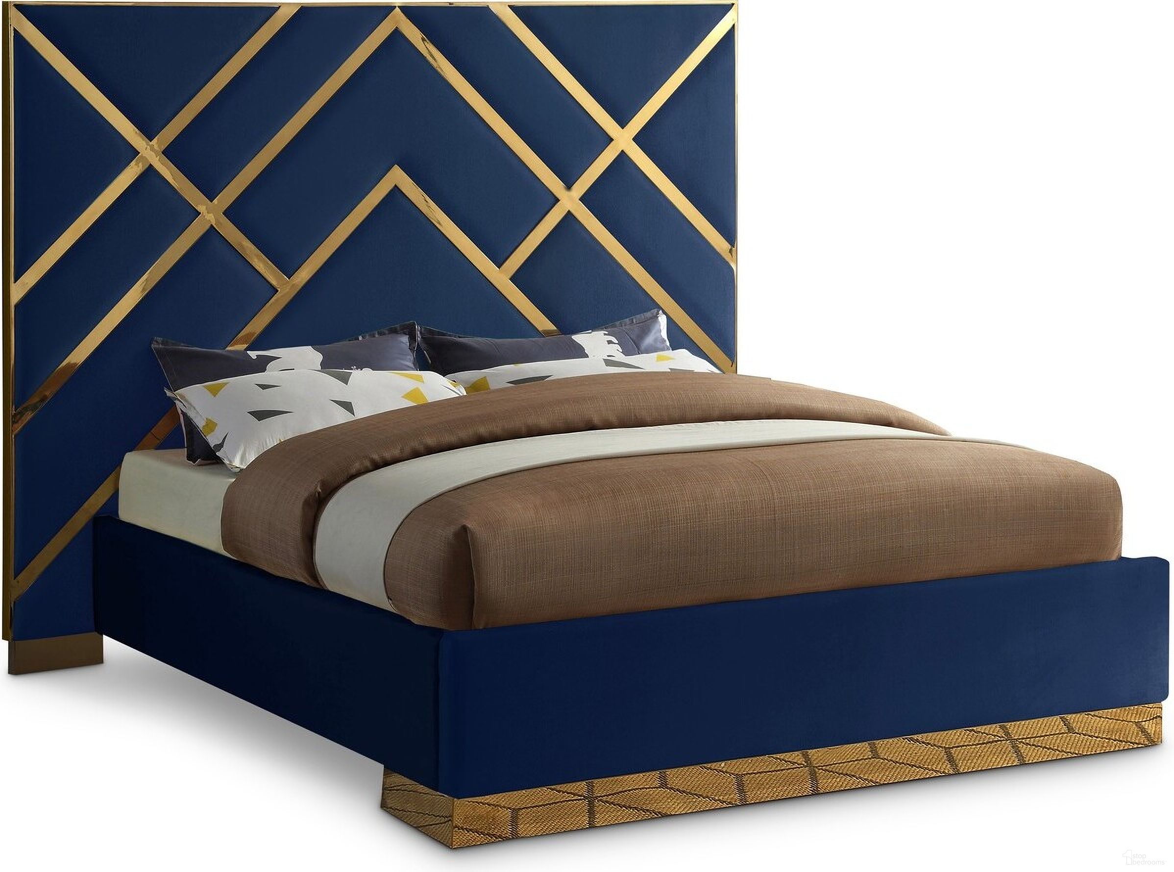 The appearance of Vector Velvet Queen Bed In Navy designed by Meridian in the modern / contemporary interior design. This navy piece of furniture  was selected by 1StopBedrooms from Vector Collection to add a touch of cosiness and style into your home. Sku: VectorNavy-Q Box 1/2 (HB);VectorNavy-Q Box 2/2 (Siderails/Footboard/Metal Legs/Metal Bar/Slats). Bed Type: Platform Bed. Bed Size: Queen. Material: Velvet.