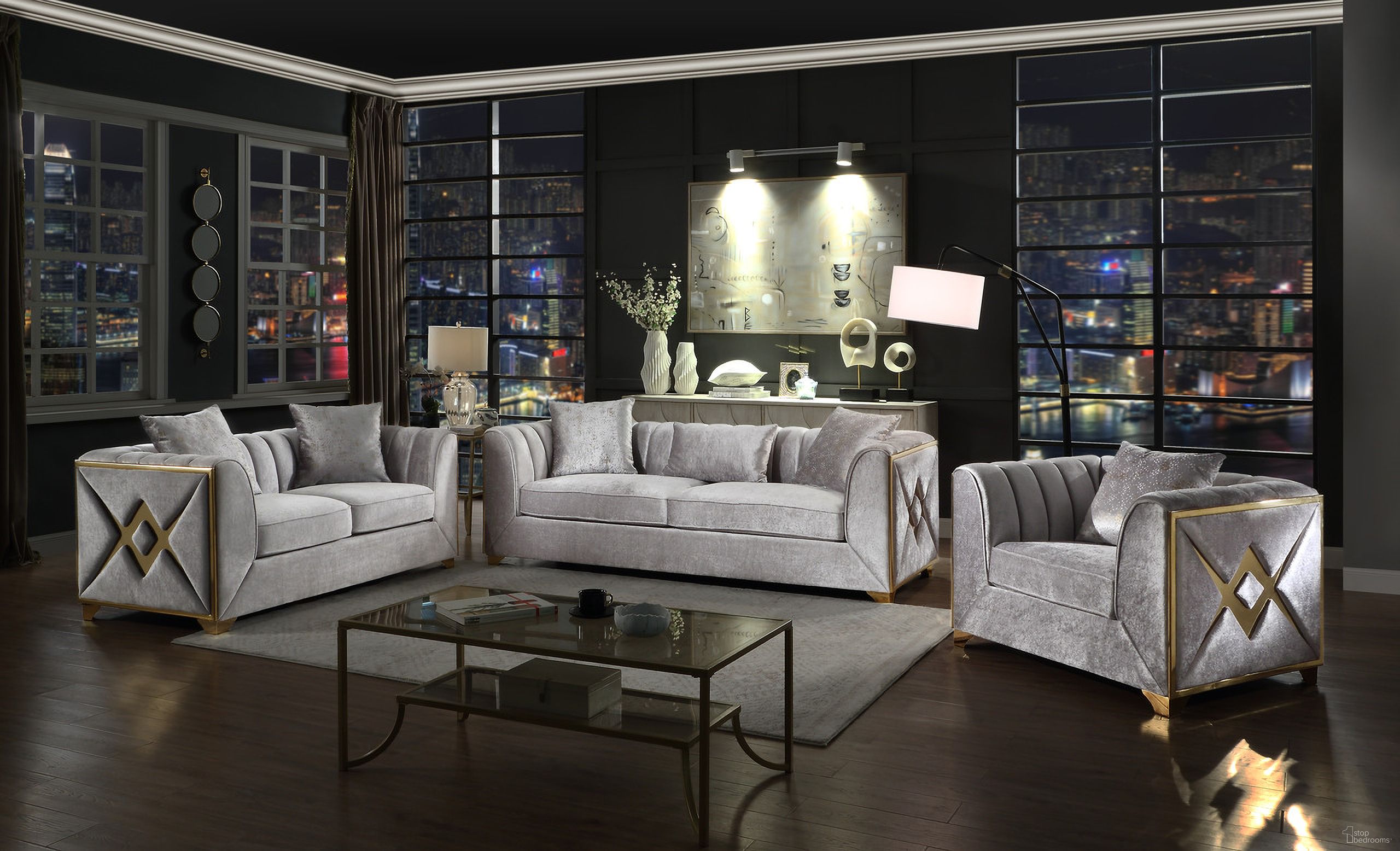 The appearance of Velencia 3 PC Livingroom Set In Silver designed by Galaxy Home Furnishings in the modern / contemporary interior design. This silver piece of furniture  was selected by 1StopBedrooms from Velencia Collection to add a touch of cosiness and style into your home. Sku: 601955552479;601955552486;601955552493. Material: Velvet.