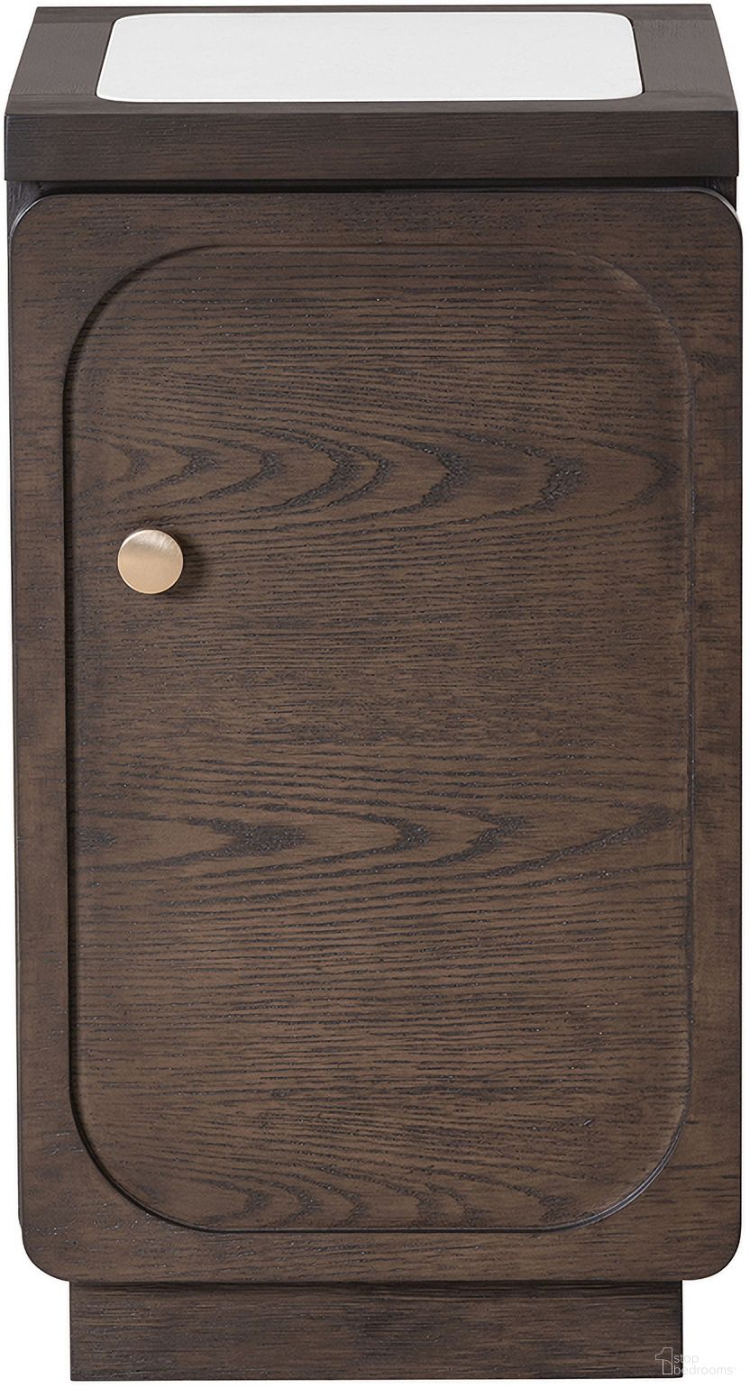 The appearance of Vellara Chairside Table with 1 Power Outlet In Dark Walnut designed by Furniture of America in the transitional interior design. This dark walnut piece of furniture  was selected by 1StopBedrooms from Vellara Collection to add a touch of cosiness and style into your home. Sku: FM44020DW-ST. Material: Stone.