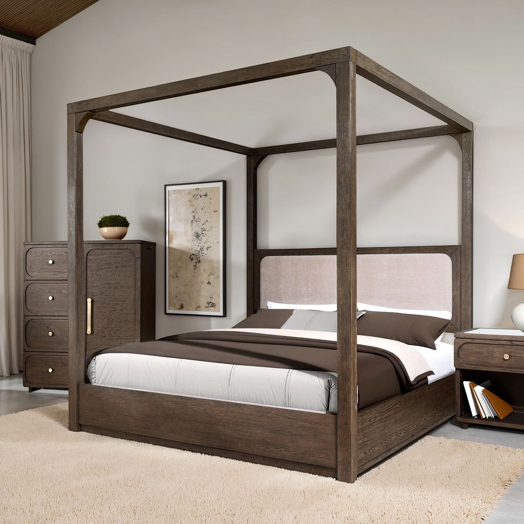 The appearance of Vellara Eastern King Canopy Bed In Dark Walnut designed by Furniture of America in the transitional interior design. This dark walnut piece of furniture was selected by 1StopBedrooms from Vellara Collection to add a touch of cosiness and style into your home. Sku: FM74020DW-EK-1;FM74020DW-EK-2;FM74020DW-EK-3. Bed Type: Canopy Bed. Bed Size: King. Material: Rubberwood.