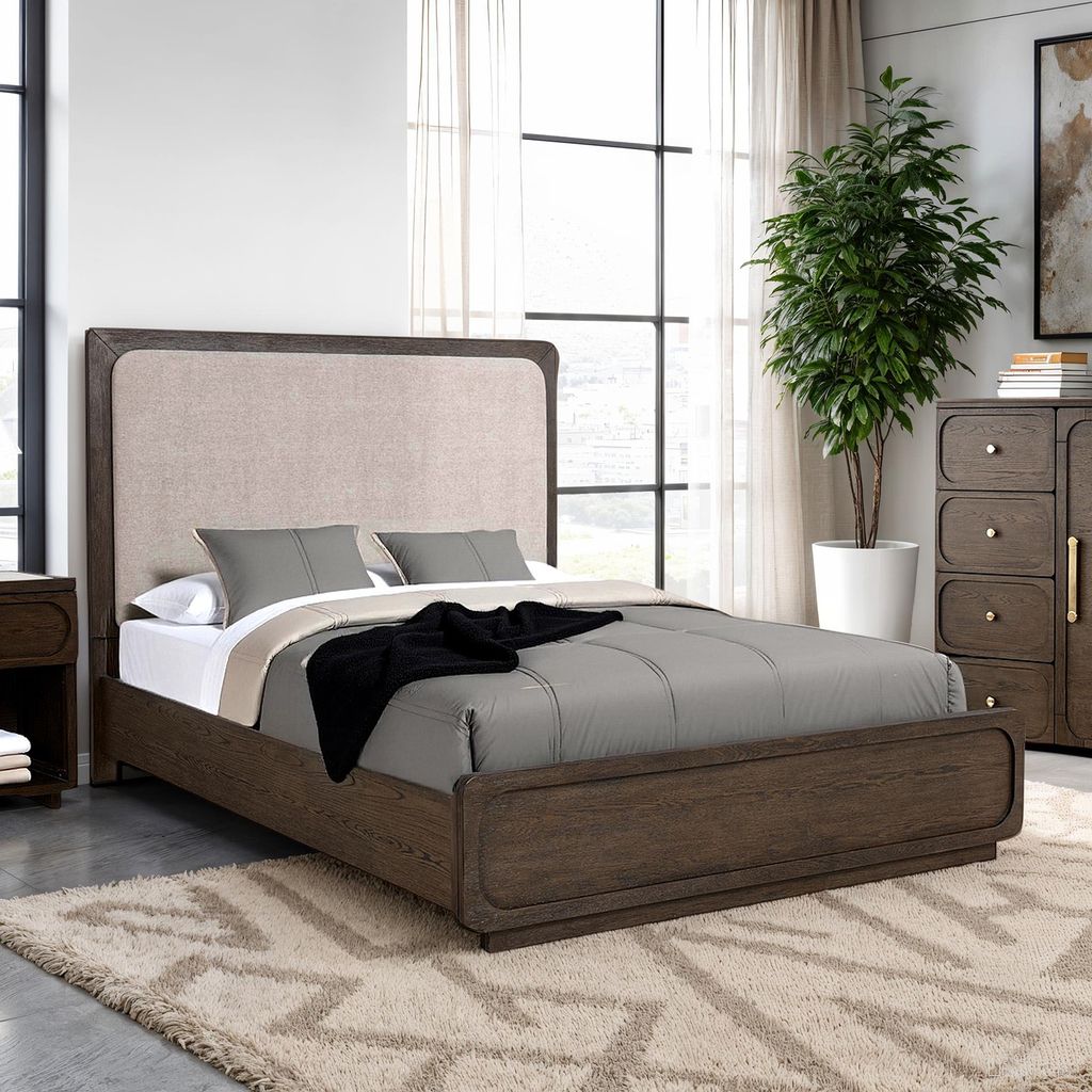 The appearance of Vellara Eastern King Upholstered Panel Bed In Dark Walnut designed by Furniture of America in the transitional interior design. This dark walnut piece of furniture was selected by 1StopBedrooms from Vellara Collection to add a touch of cosiness and style into your home. Sku: FM74021DW-EK-1-F;FM74021DW-EK-2;FM74021DW-EK-3. Bed Type: Panel Bed. Bed Size: King. Material: Rubberwood.