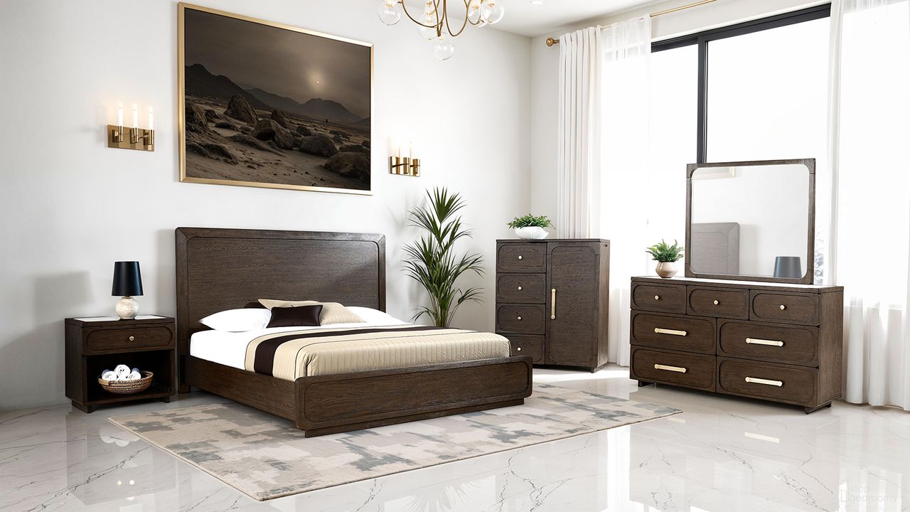 The appearance of Vellara Wood Panel Bedroom Set In Dark Walnut designed by Furniture of America in the transitional interior design. This dark walnut piece of furniture  was selected by 1StopBedrooms from Vellara Collection to add a touch of cosiness and style into your home. Sku: FM74021DW-Q-1-W;FM74021DW-Q-2;FM74021DW-Q-3;FM74021DW-N. Bed Size: King. Material: Engineered Wood.