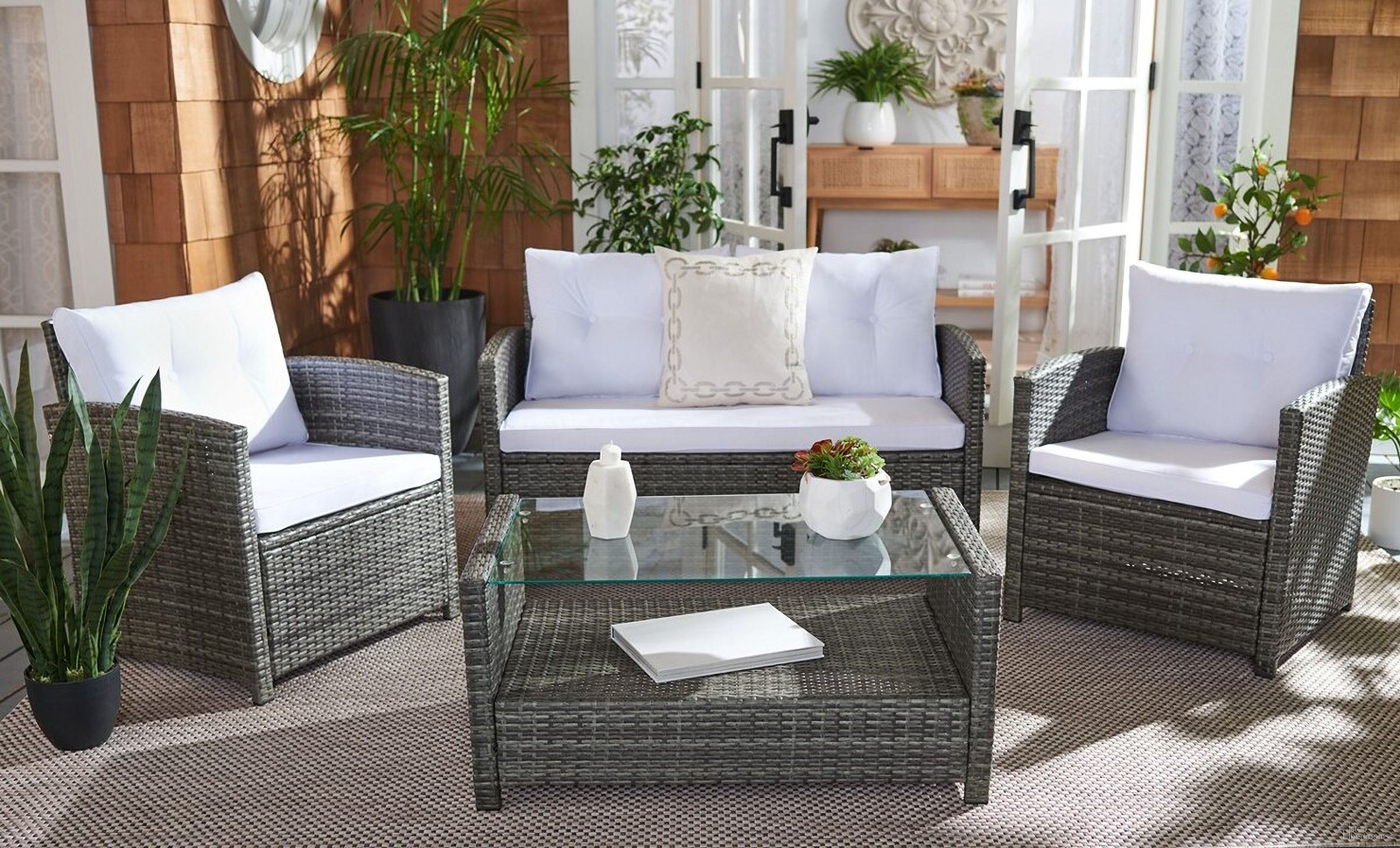The appearance of Vellor 4 Piece Living Set In Grey designed by Safavieh in the coastal interior design. This grey piece of furniture was selected by 1StopBedrooms from Vellor Collection to add a touch of cosiness and style into your home. Sku: PAT7516C. Material: Steel.