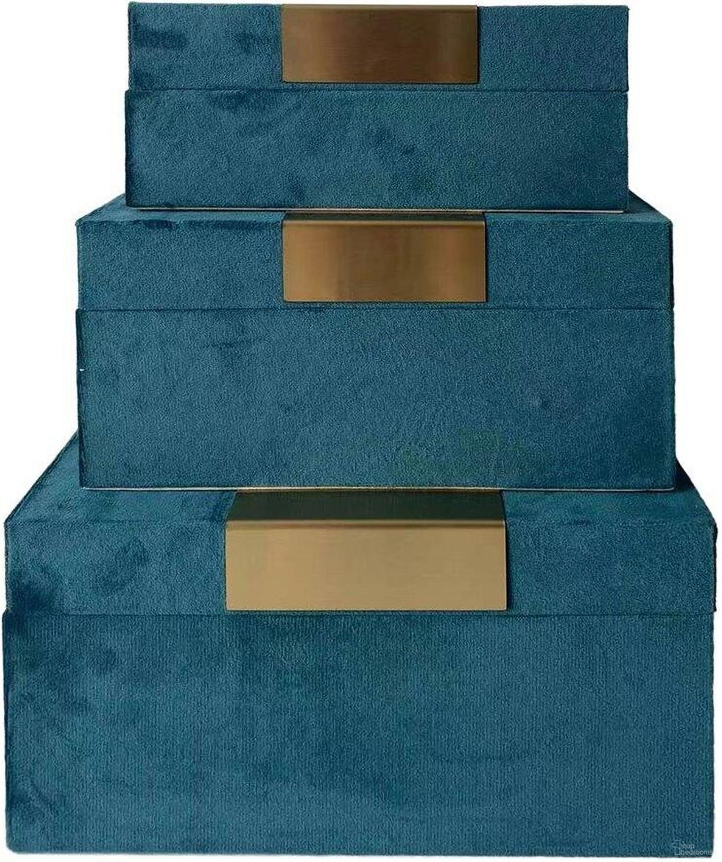 The appearance of Velvet 7/8/9 Inch Jewelry Boxes Set of 3 In Teal And Gold designed by Sagebrook Home in the modern / contemporary interior design. This multi piece of furniture was selected by 1StopBedrooms from to add a touch of cosiness and style into your home. Sku: 17408. Material: MDF.