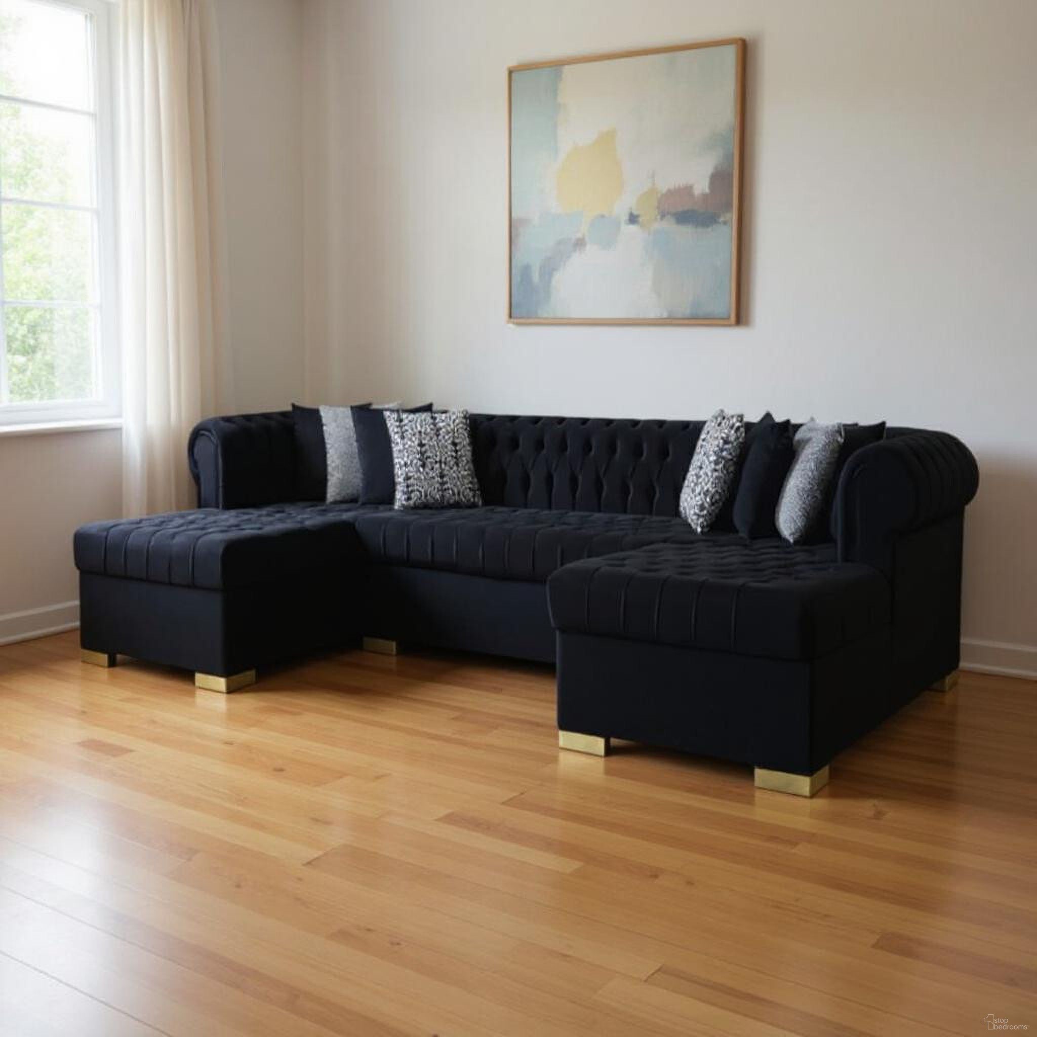 The appearance of Velvet U Shaped Three Piece Sofa and Chaise Sectional with Toss Pillows In Black designed by Homeroots in the modern / contemporary interior design. This black piece of furniture was selected by 1StopBedrooms from to add a touch of cosiness and style into your home. Sku: 643889. Material: Velvet.