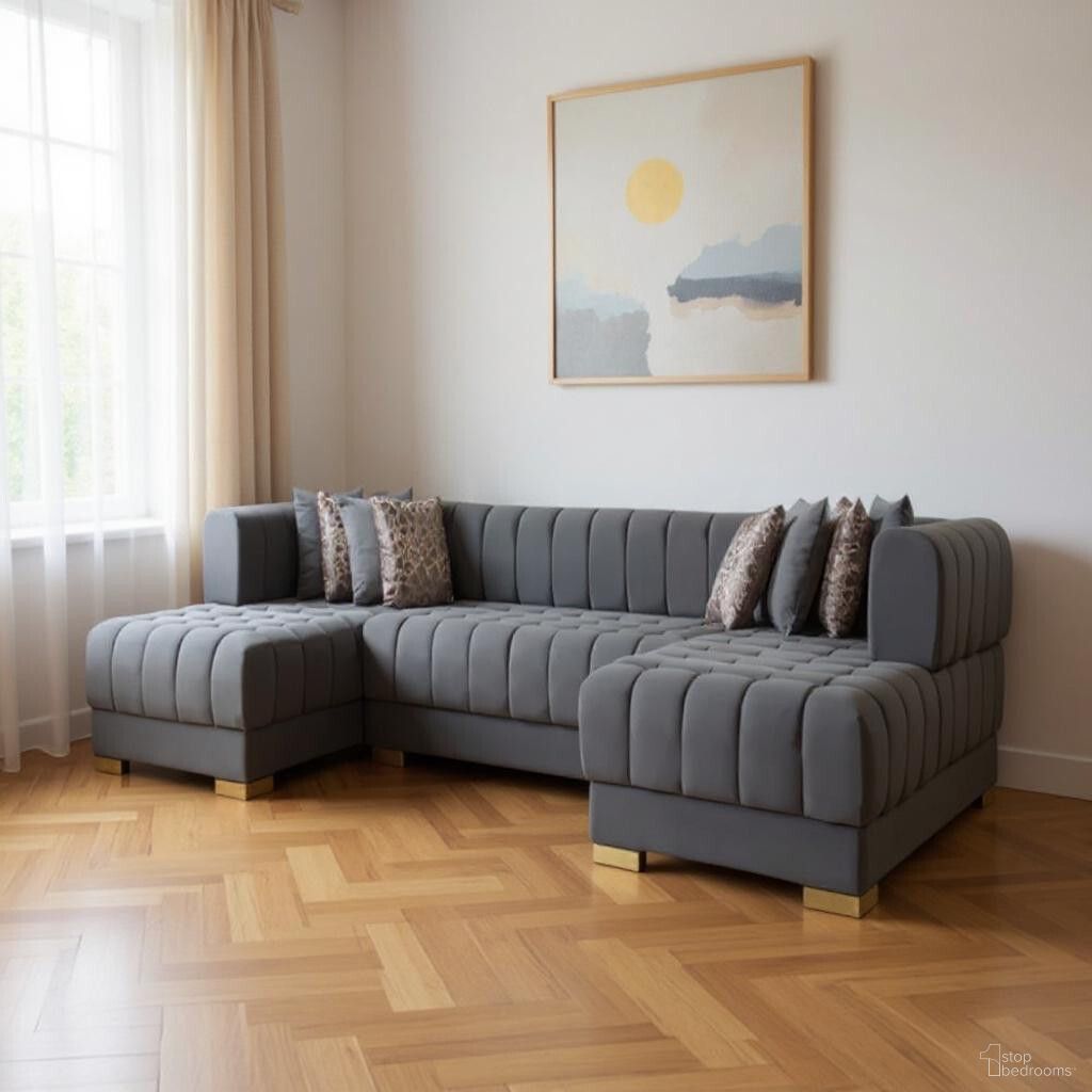 The appearance of Velvet U Shaped Three Piece Sofa and Chaise Sectional with Toss Pillows In Gray designed by Homeroots in the modern / contemporary interior design. This gray piece of furniture was selected by 1StopBedrooms from to add a touch of cosiness and style into your home. Sku: 643883. Material: Velvet.