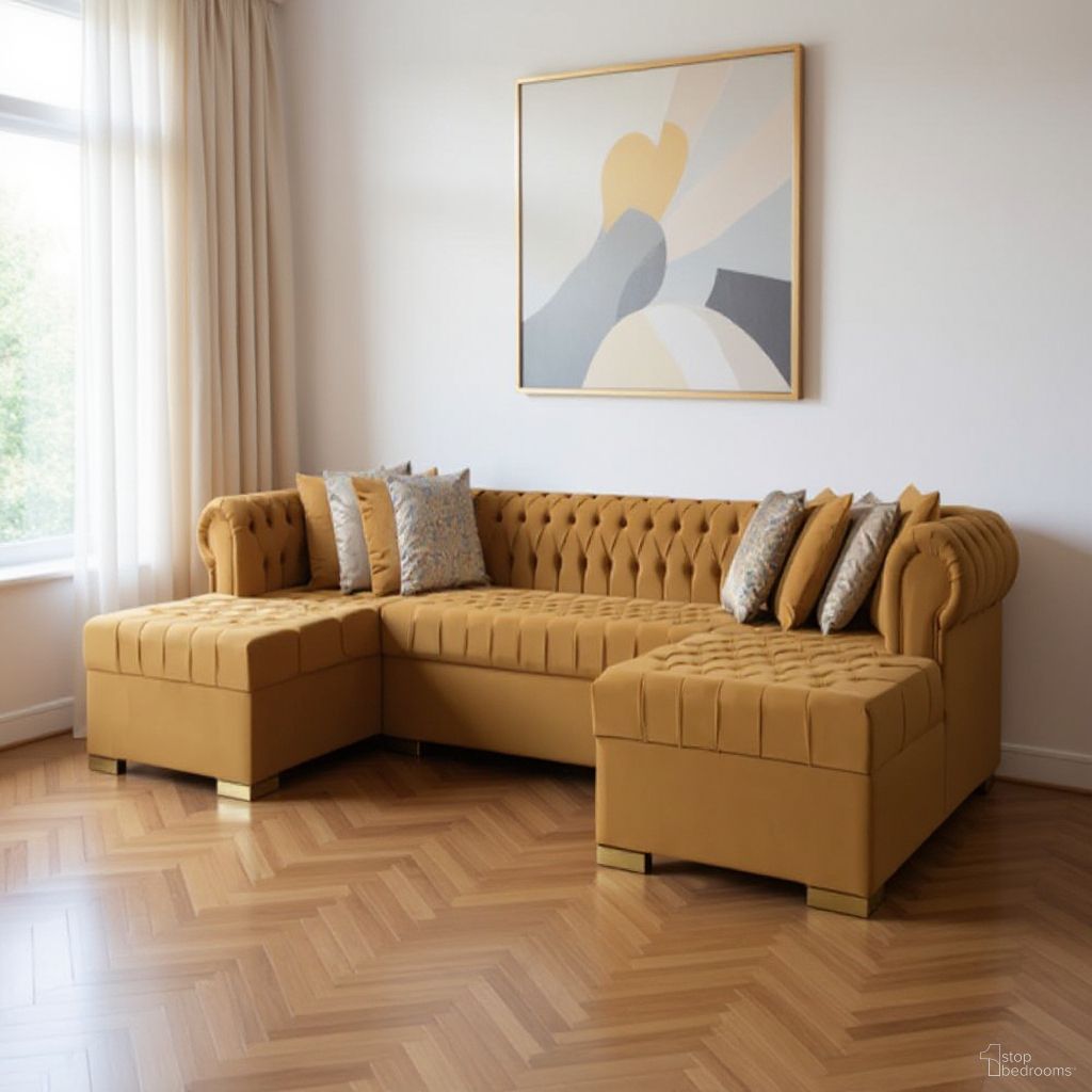The appearance of Velvet U Shaped Three Piece Sofa and Chaise Sectional with Toss Pillows In Mustard designed by Homeroots in the modern / contemporary interior design. This mustard piece of furniture was selected by 1StopBedrooms from to add a touch of cosiness and style into your home. Sku: 643890. Material: Velvet.