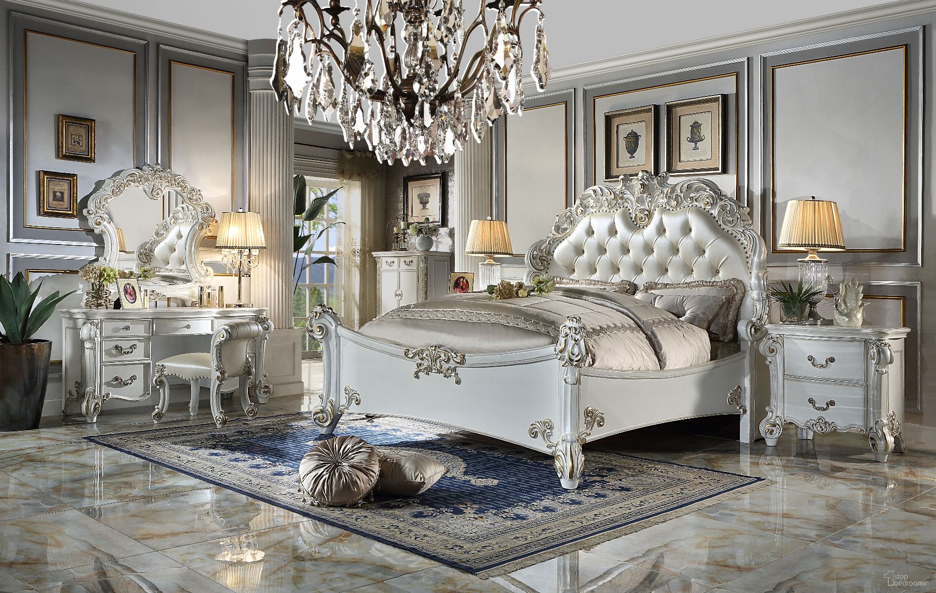 The appearance of Vendome Bedroom Set In Pu And Antique Pearl designed by ACME in the transitional interior design. This antique pearl piece of furniture was selected by 1StopBedrooms from Vendome Collection to add a touch of cosiness and style into your home. Sku: BD01506Q1;BD01506Q2;BD01506Q3;BD01340. Bed Type: Panel Bed. Material: Wood. Bed Size: Queen.