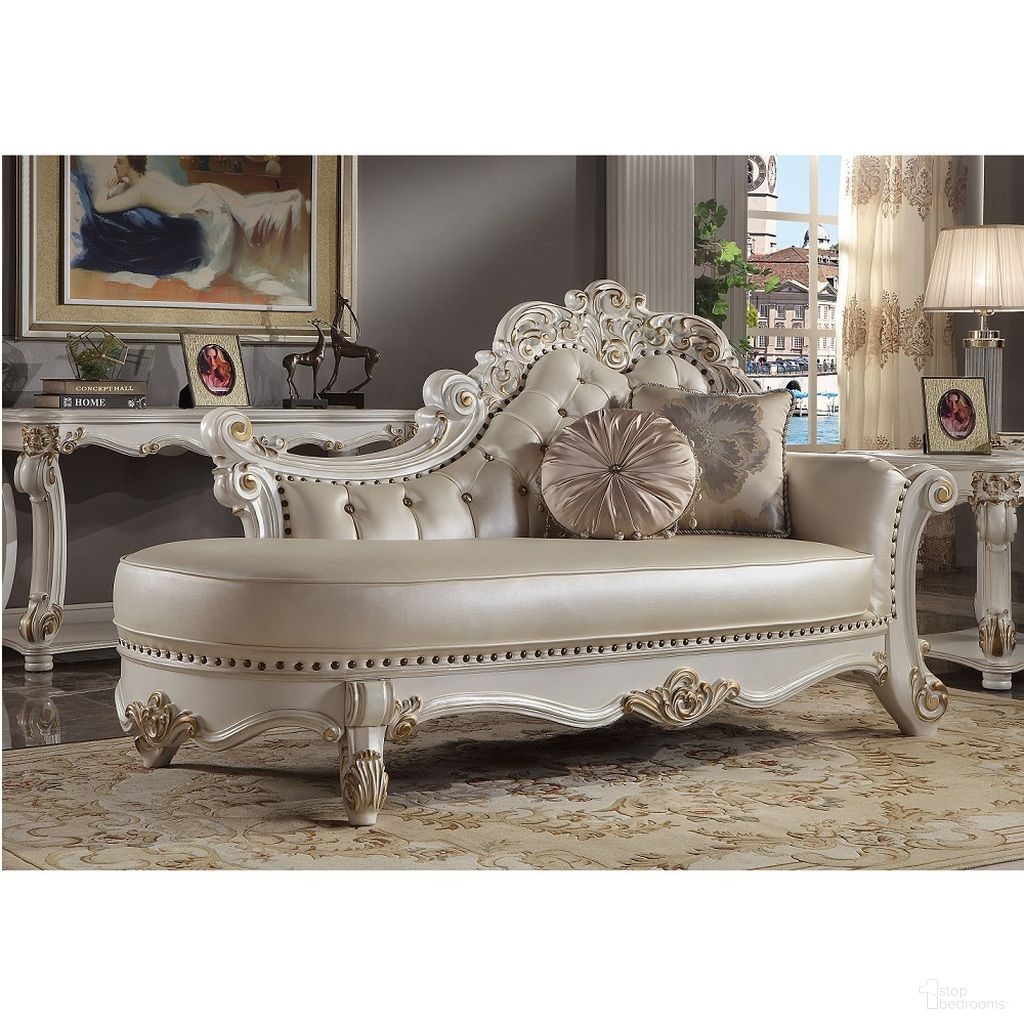 The appearance of Vendome Chaise With 2 Pillows In Antique Pearl designed by ACME in the transitional interior design. This antique pearl piece of furniture was selected by 1StopBedrooms from Vendome Collection to add a touch of cosiness and style into your home. Sku: BD01523. Material: Upholstered.