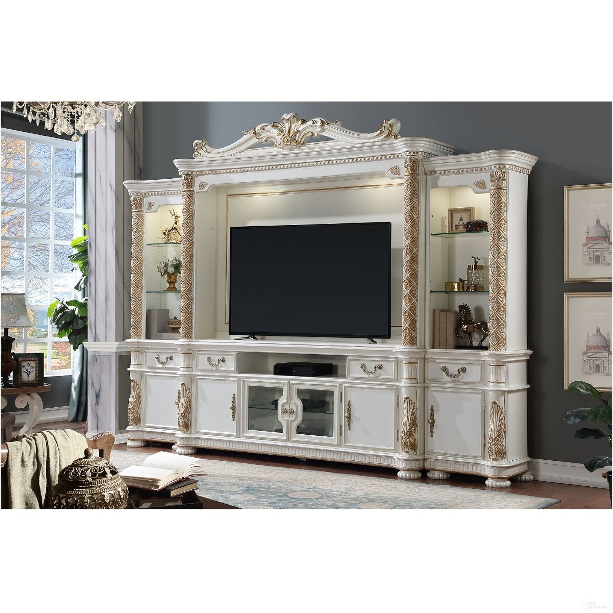 The appearance of Vendome II Entertainment Center In Antique Pearl designed by ACME in the rustic / southwestern interior design. This antique pearl piece of furniture  was selected by 1StopBedrooms from Vendome Ii Collection to add a touch of cosiness and style into your home. Sku: LV01520-1;LV01520-2;LV01520-3. Material: Wood.