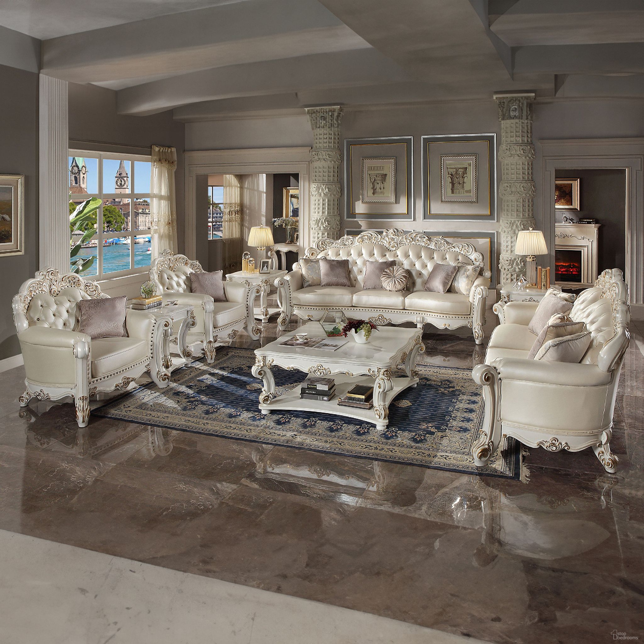 The appearance of Vendome Living Room Set In Antique Pearl designed by ACME in the transitional interior design. This antique pearl piece of furniture  was selected by 1StopBedrooms from Vendome Collection to add a touch of cosiness and style into your home. Sku: LV01324;LV01325. Material: Wood.