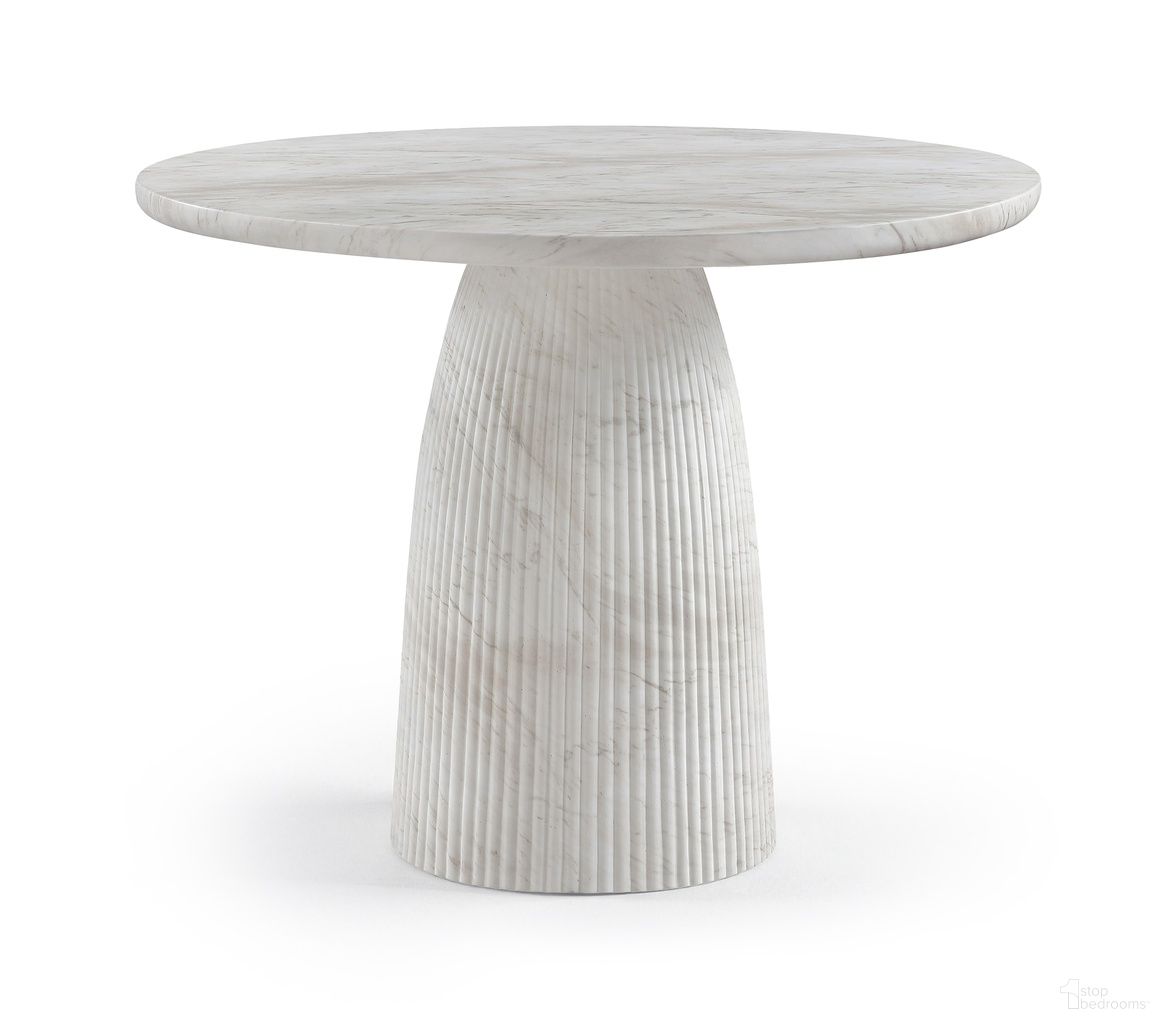 The appearance of Venosa 42 Inch Concrete Indoor and Outdoor Dining Table In White designed by Meridian in the modern / contemporary interior design. This white piece of furniture  was selected by 1StopBedrooms from Venosa Collection to add a touch of cosiness and style into your home. Sku: 764White-DT42 Box 1/2 (Top);764White-DT42 Box 2/2 (Base). Table Base Style: Pedestal. Table Top Shape: Round. Material: Concrete. Size: 42".