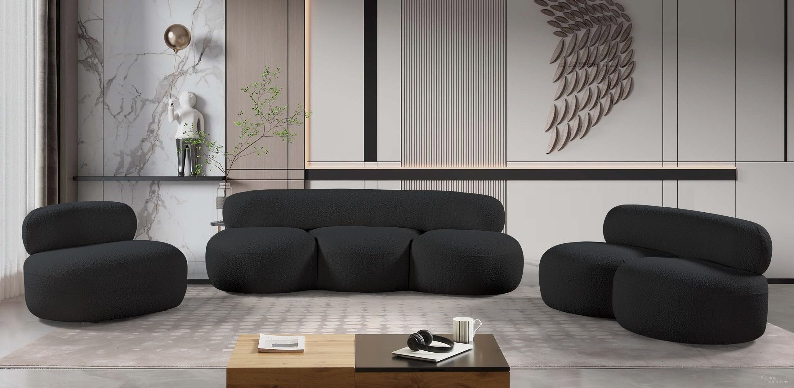 The appearance of Venti Boucle Fabric Living Room Set In Black designed by Meridian in the modern / contemporary interior design. This black piece of furniture was selected by 1StopBedrooms from Venti Collection to add a touch of cosiness and style into your home. Sku: 140Black-S;140Black-L. Material: Boucle.