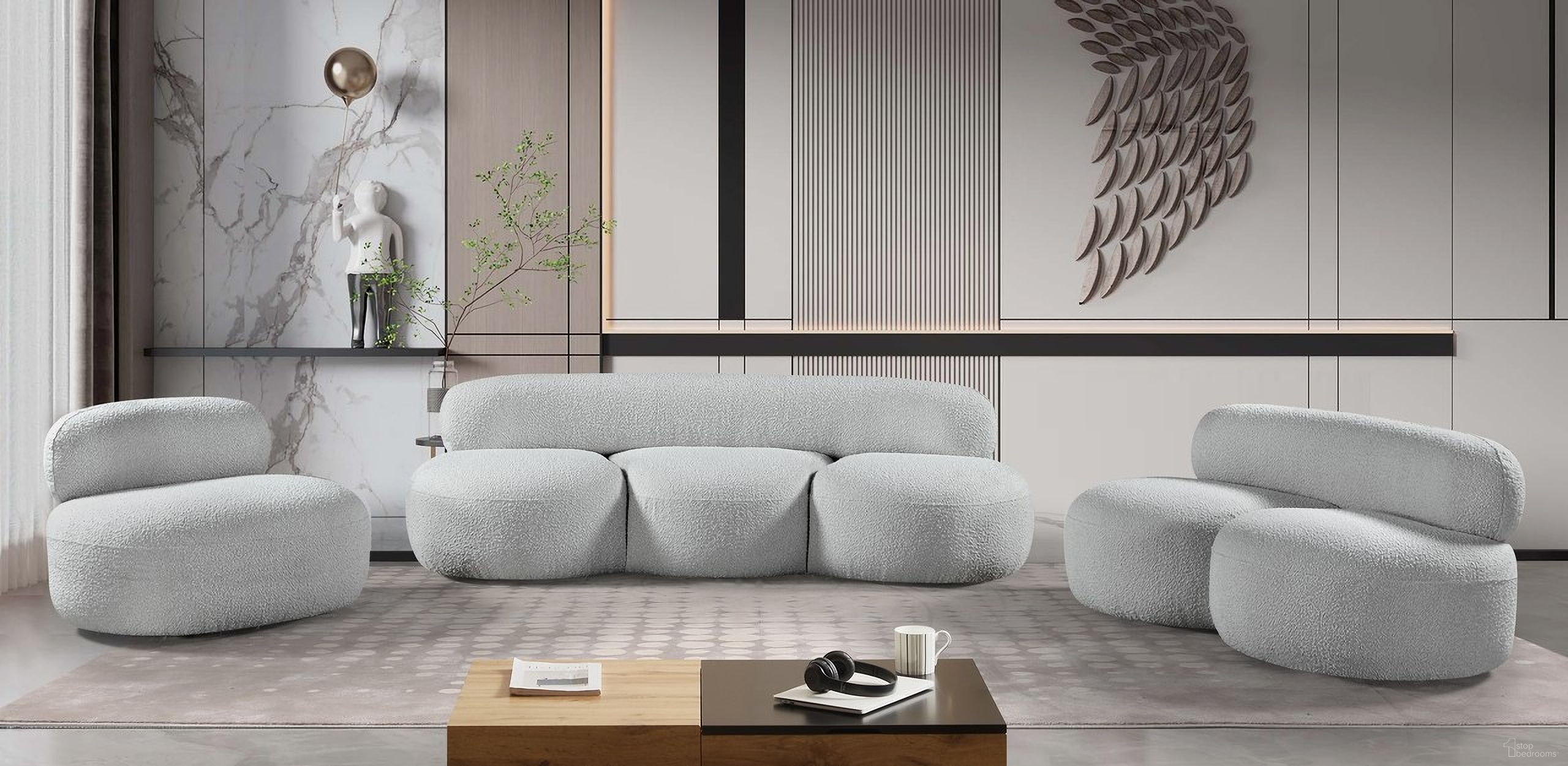 The appearance of Venti Boucle Fabric Living Room Set In Grey designed by Meridian in the modern / contemporary interior design. This grey piece of furniture  was selected by 1StopBedrooms from Venti Collection to add a touch of cosiness and style into your home. Sku: 140Grey-S;140Grey-L. Material: Boucle.