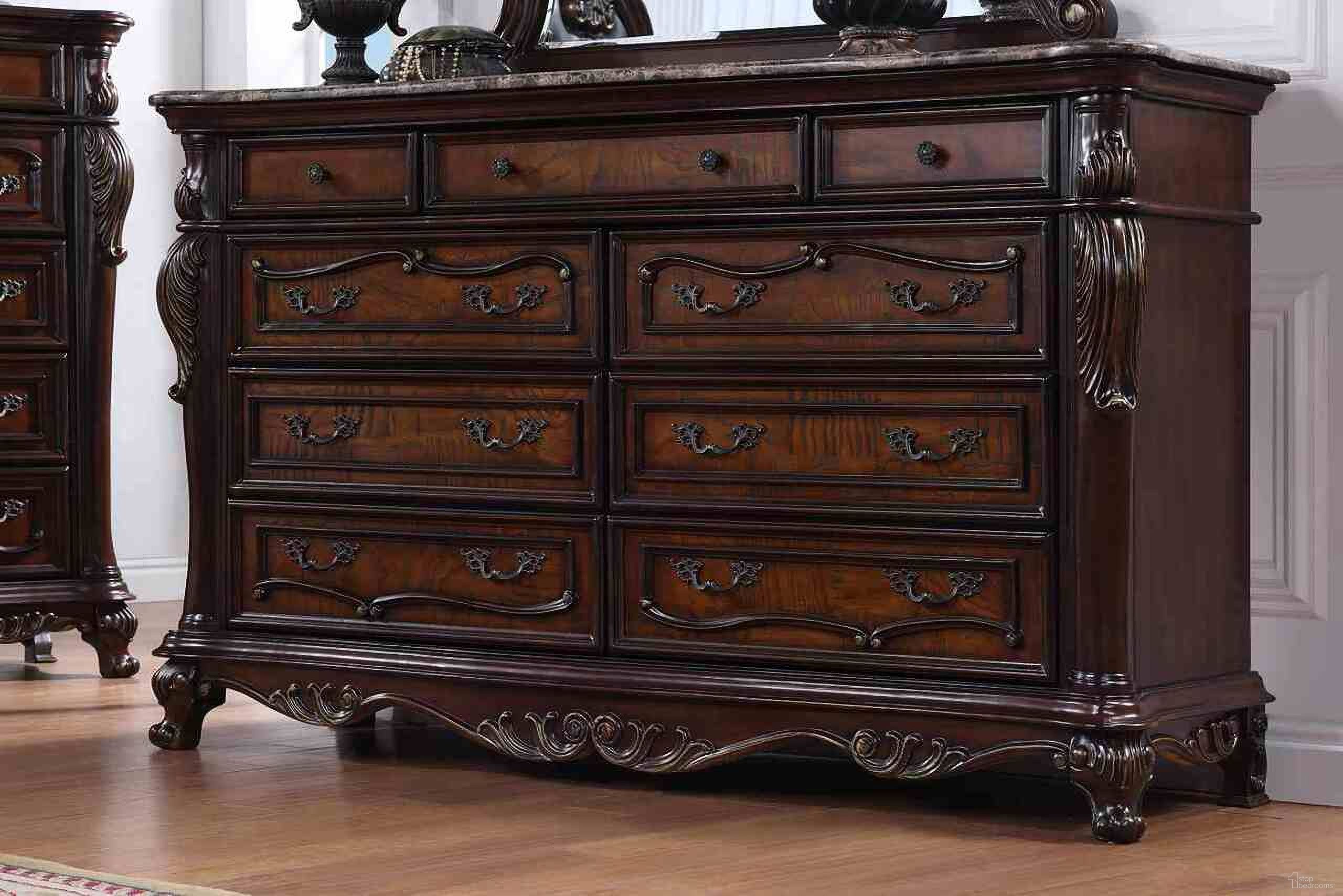 The appearance of Ventresca Dresser In Dark Cherry designed by Furniture of America in the traditional interior design. This dark cherry piece of furniture was selected by 1StopBedrooms from Ventresca Collection to add a touch of cosiness and style into your home. Sku: FM7635CH-D. Material: Solid Wood.