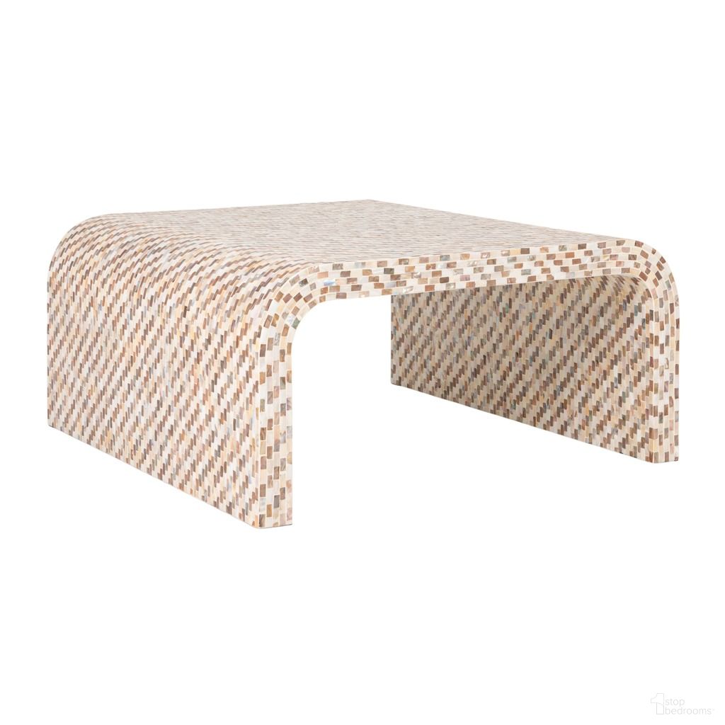 The appearance of Ventura Mother of Pearl Waterfall Square Coffee Table In Brown designed by Rowena Interiors in the coastal interior design. This brown piece of furniture  was selected by 1StopBedrooms from Ventura Collection to add a touch of cosiness and style into your home. Sku: EC2158. Material: MDF.