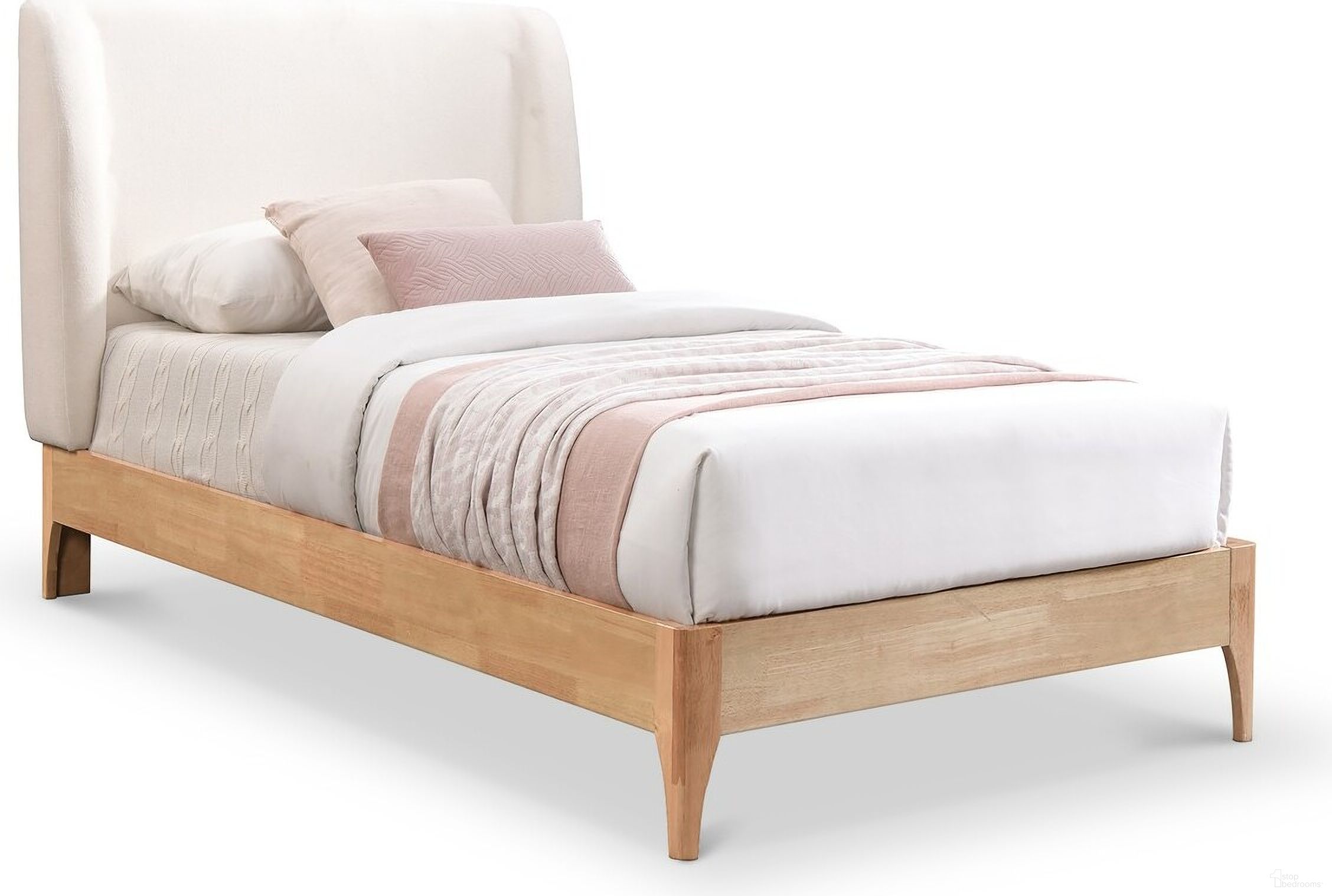 The appearance of Ventura Polyester Fabric Twin Bed In Cream designed by Meridian in the transitional interior design. This cream piece of furniture  was selected by 1StopBedrooms from Ventura Collection to add a touch of cosiness and style into your home. Sku: VenturaCream-T Box 1/2 (Headboard / Legs / Hardware);VenturaCream-T Box 2/2 (Footboard / Rails / Slats). Bed Type: Platform Bed. Bed Size: Twin. Material: MDF.