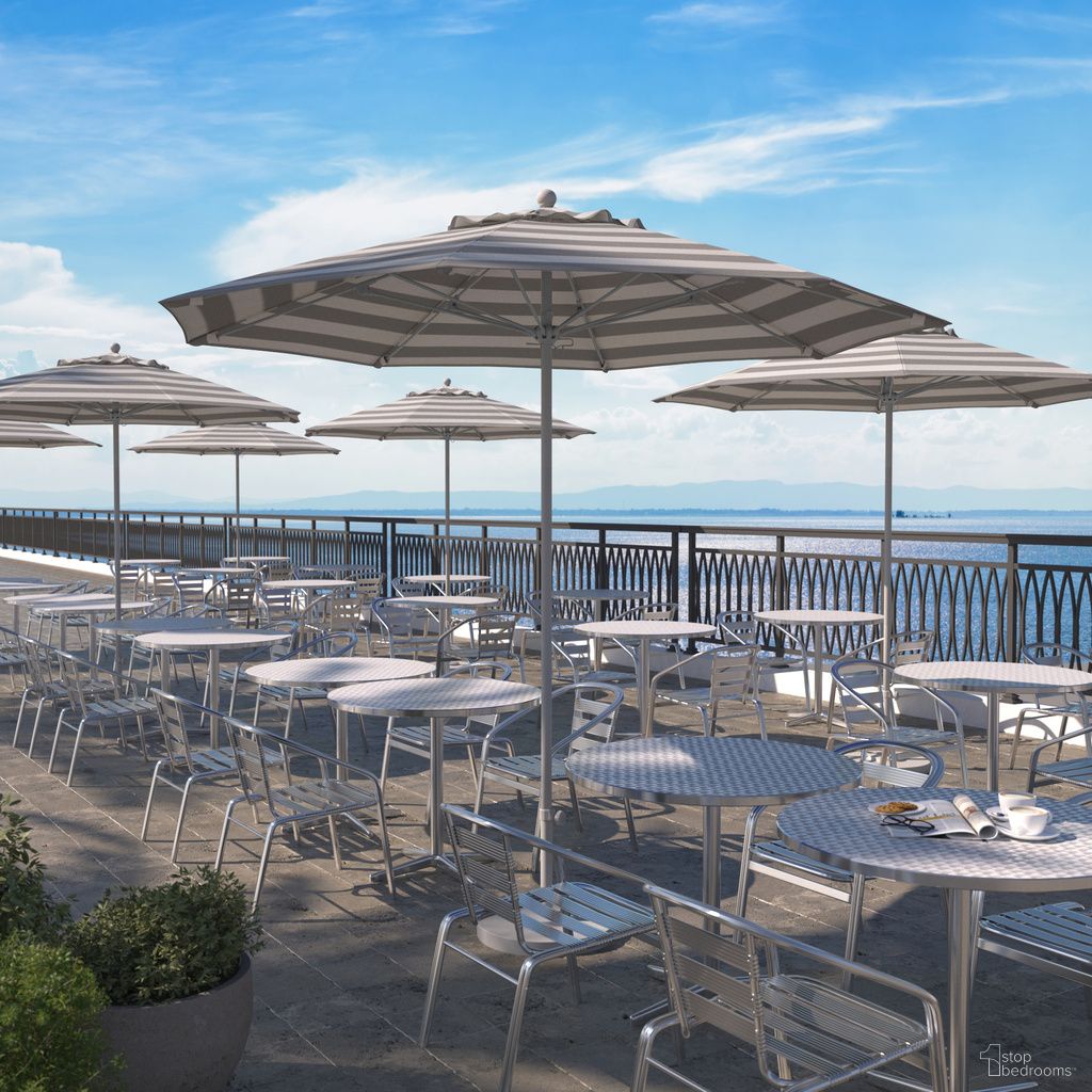 Venture 9' Patio Umbrella with Aluminum Pole Fiberglass Ribs Pully Lift with Olefin Cabana Stripe Fabric In Gray White and Matte White