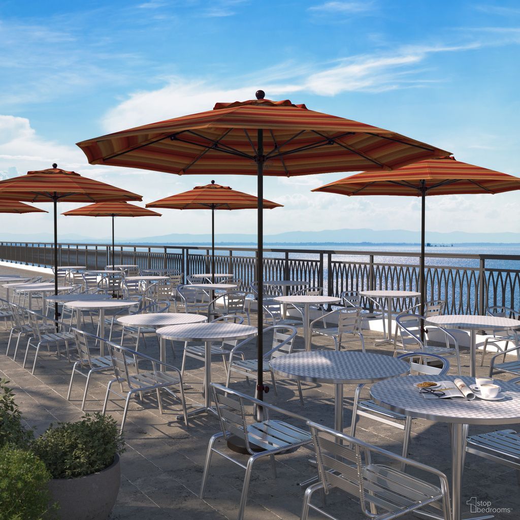 Venture 9' Patio Umbrella with Aluminum Pole Fiberglass Ribs Push Lift with Sunbrella Fabric In Astoria Sunset and Bronze