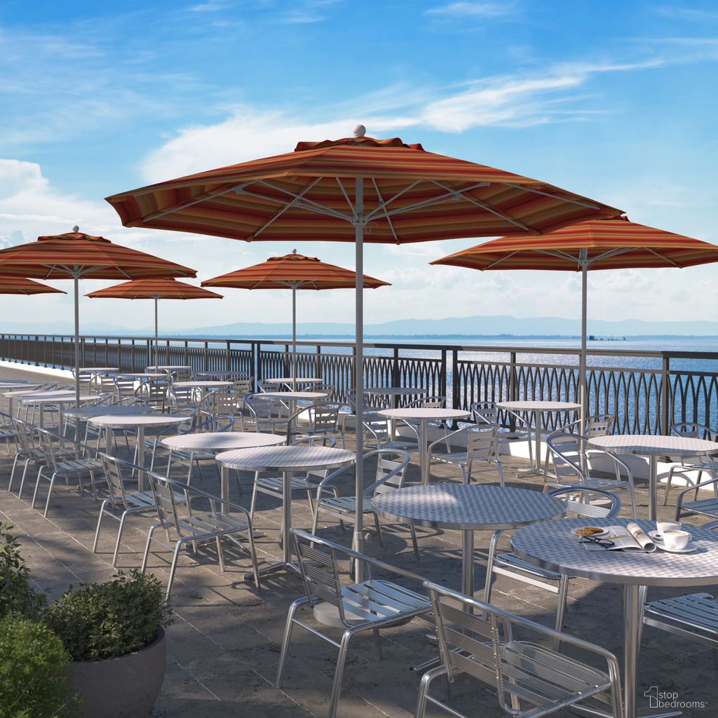 Venture 9' Patio Umbrella with Aluminum Pole Fiberglass Ribs Push Lift with Sunbrella Fabric In Astoria Sunset and Matte White