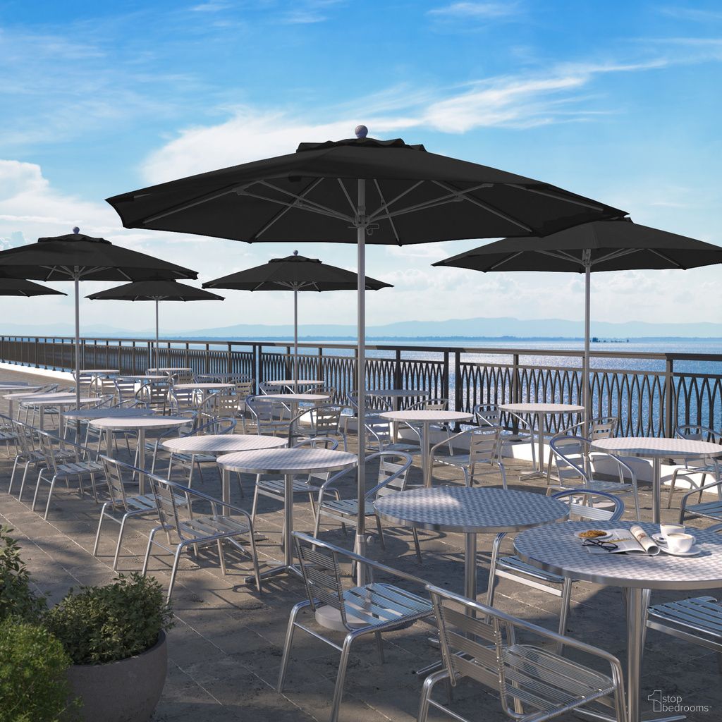 Venture 9' Patio Umbrella with Aluminum Pole Fiberglass Ribs Push Lift with Sunbrella Fabric In Black and Silver Anodized