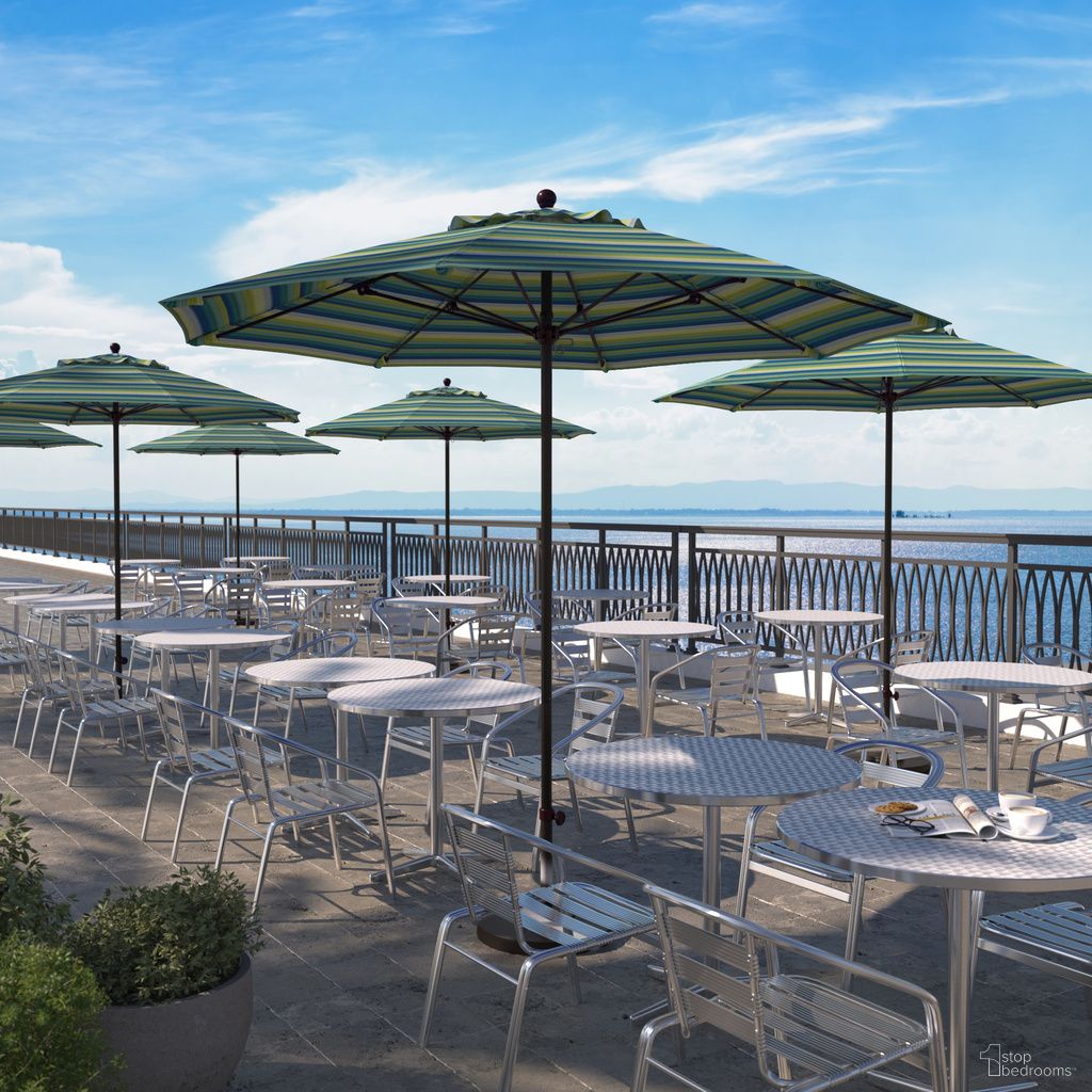 Venture 9' Patio Umbrella with Aluminum Pole Fiberglass Ribs Push Lift with Sunbrella Fabric In Seville Seaside and Bronze